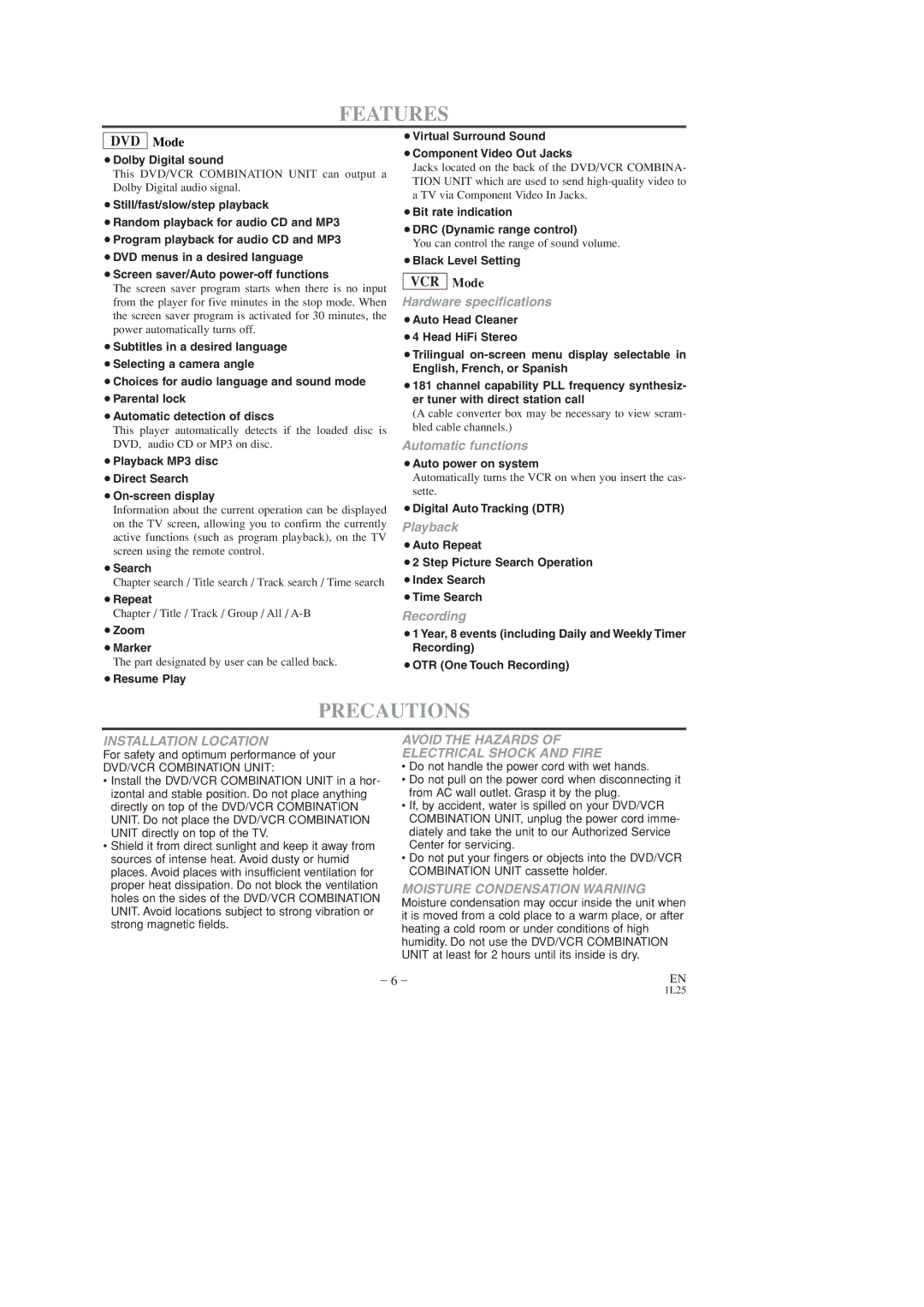 Sylvania DVC860D owner manual Features, Precautions 