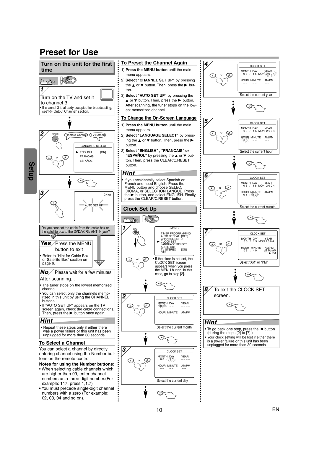 Sylvania DVC860E owner manual Preset for Use, Turn on the unit for the first time, Clock Set Up 