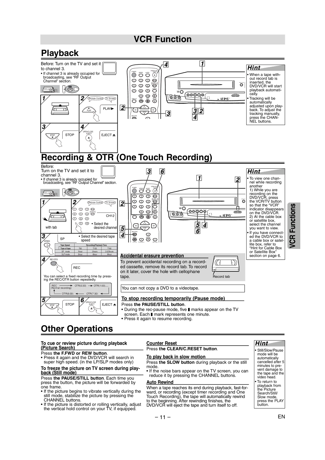 Sylvania DVC860E owner manual VCR Function Playback, Recording & OTR One Touch Recording, Other Operations 