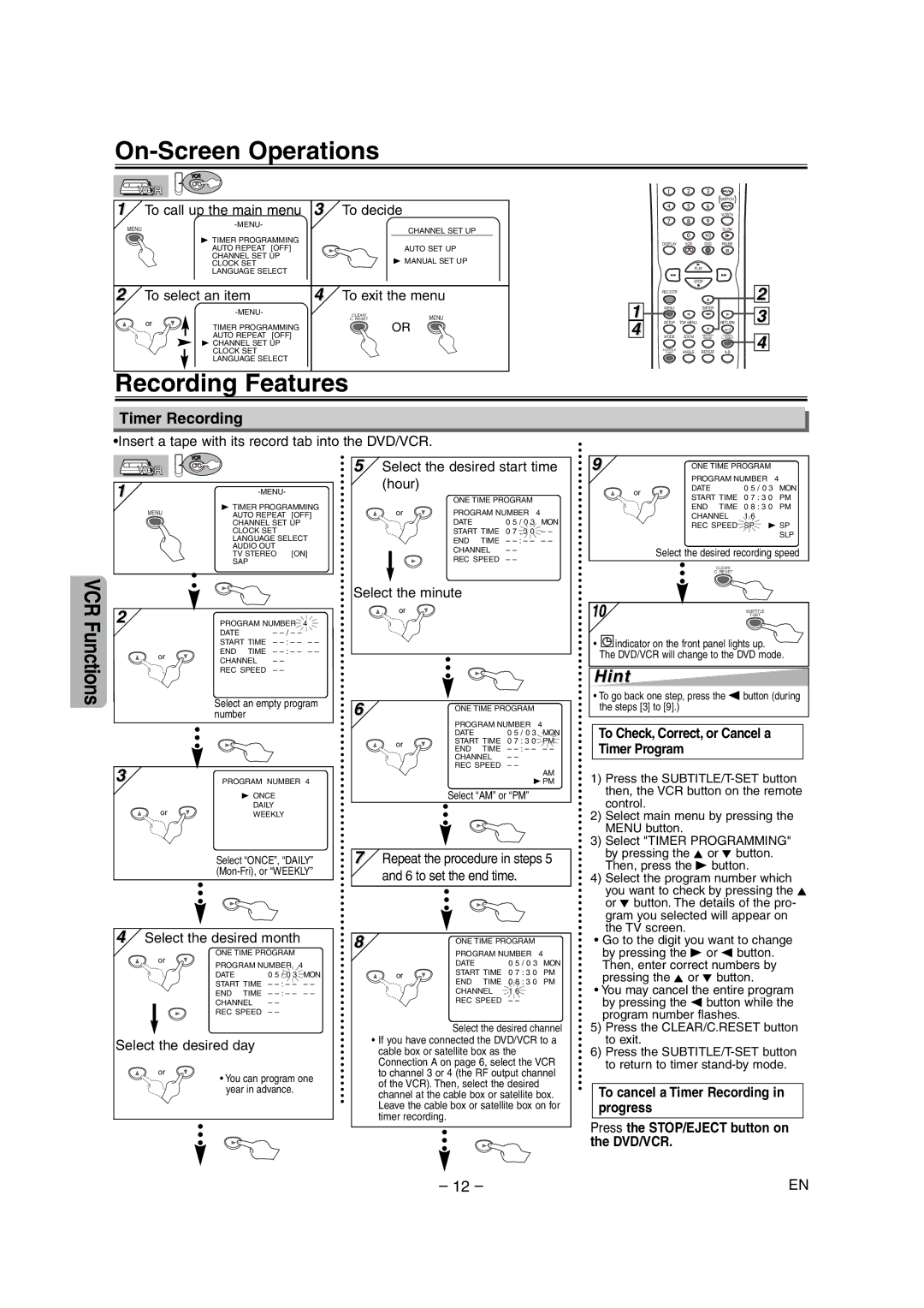 Sylvania DVC860E On-Screen Operations, Recording Features, Timer Recording, To Check, Correct, or Cancel a Timer Program 