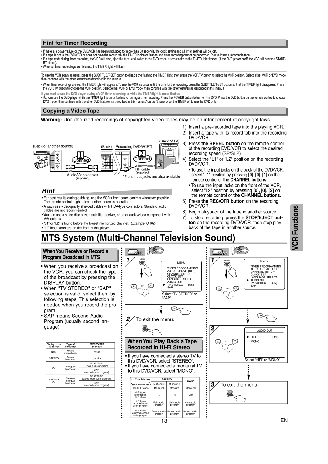 Sylvania DVC860E owner manual MTS System Multi-Channel Television Sound, Hint for Timer Recording, Copying a Video Tape 