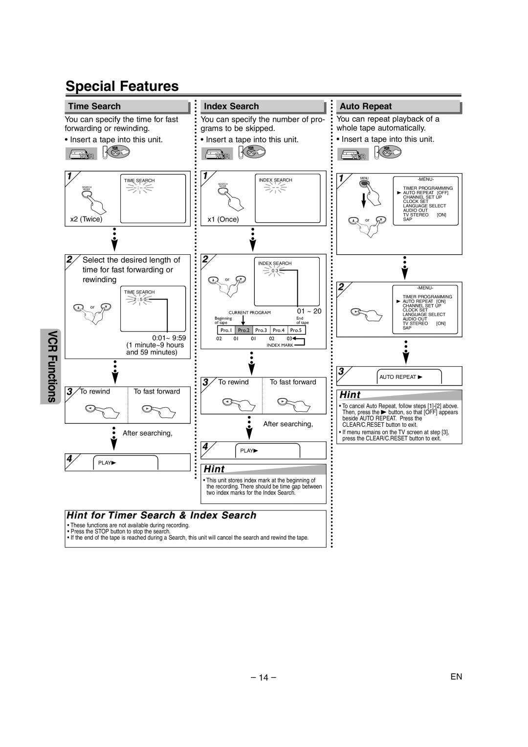 Sylvania DVC860E owner manual Special Features, Time Search, Index Search, Auto Repeat, VCR Functions 