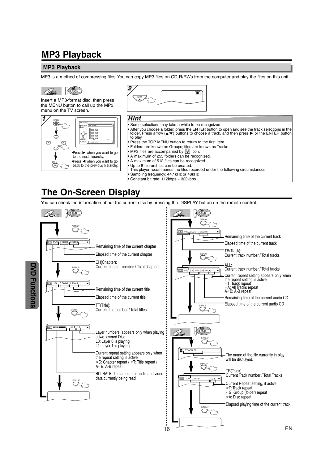 Sylvania DVC860E owner manual MP3 Playback, On-Screen Display 