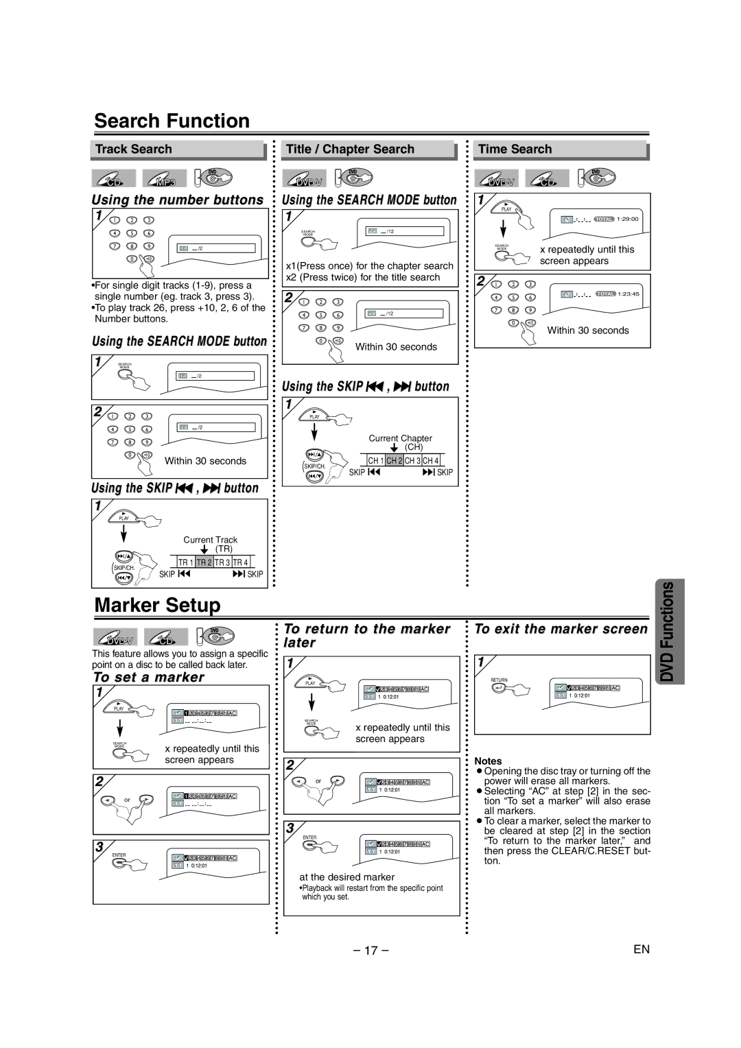 Sylvania DVC860E owner manual Search Function, Marker Setup, Track Search, Title / Chapter Search, Time Search 