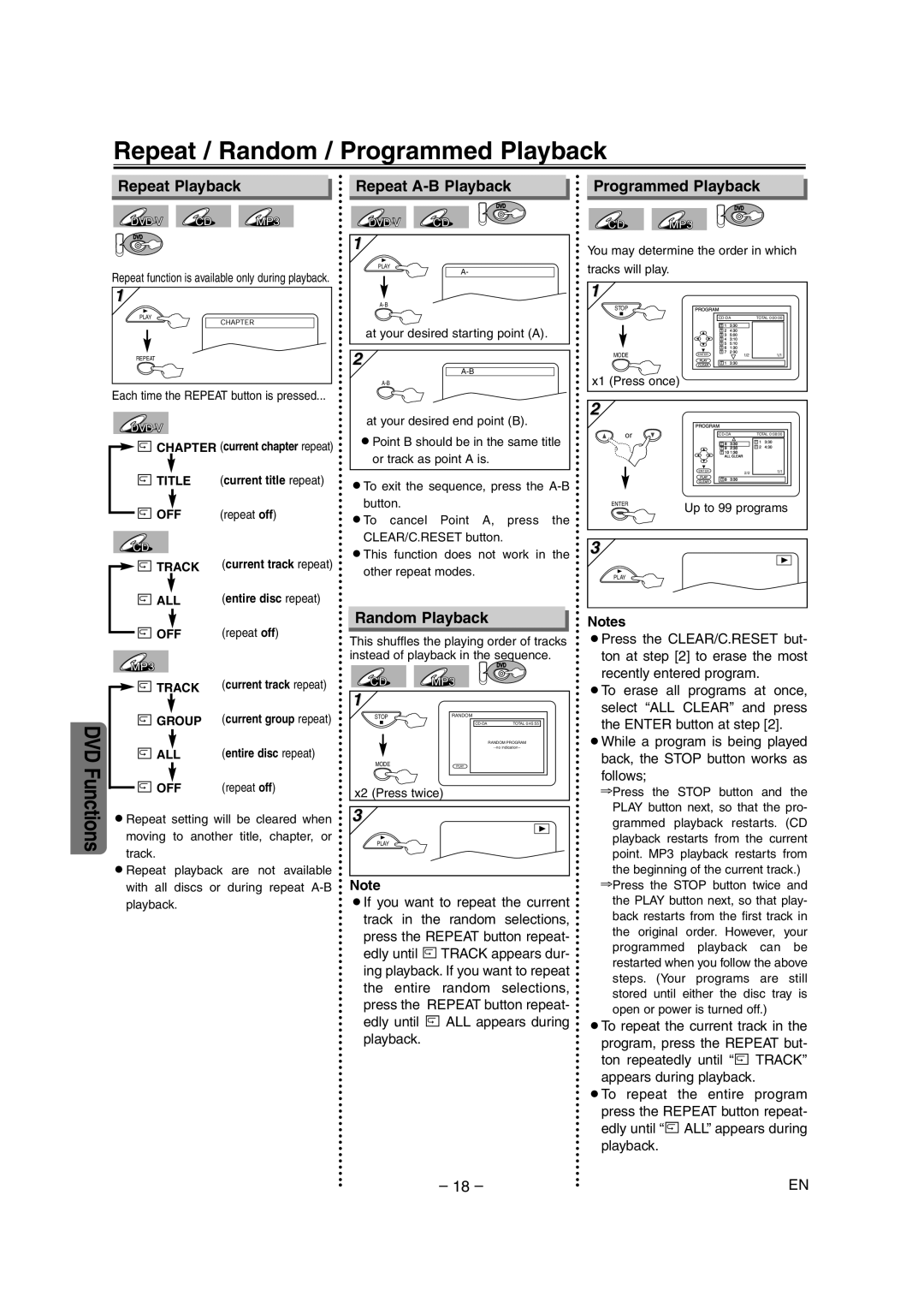 Sylvania DVC860E owner manual Repeat / Random / Programmed Playback, Repeat Playback, Repeat A-B Playback, Random Playback 