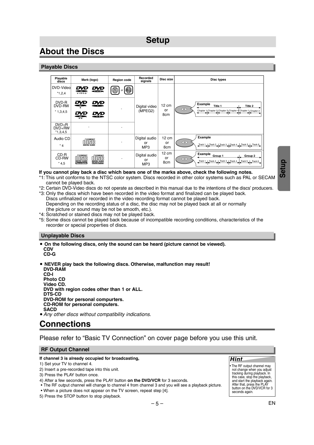 Sylvania DVC860E owner manual Setup About the Discs, Connections, Playable Discs, Unplayable Discs, RF Output Channel 