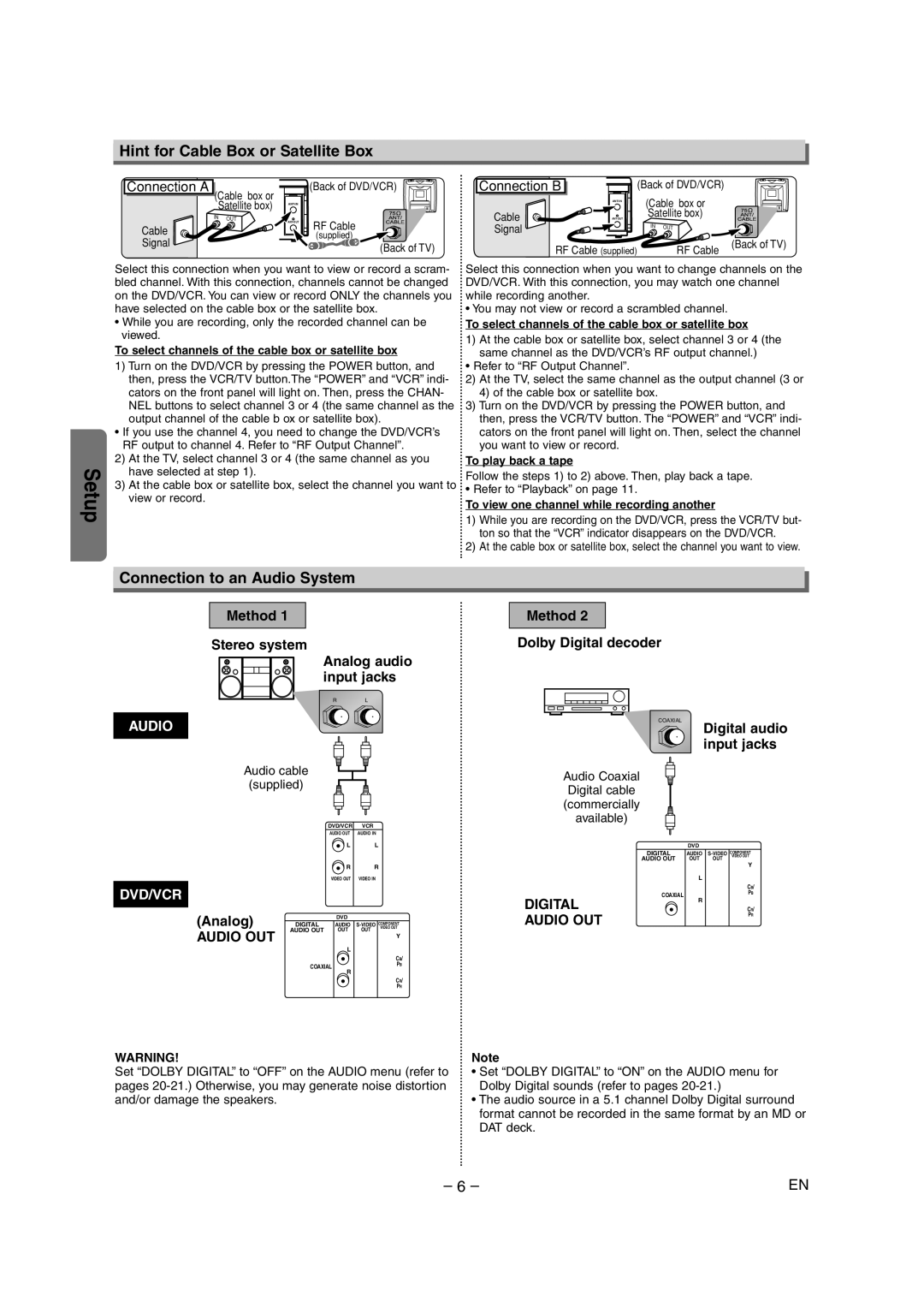 Sylvania DVC860E owner manual Hint for Cable Box or Satellite Box, Connection to an Audio System 