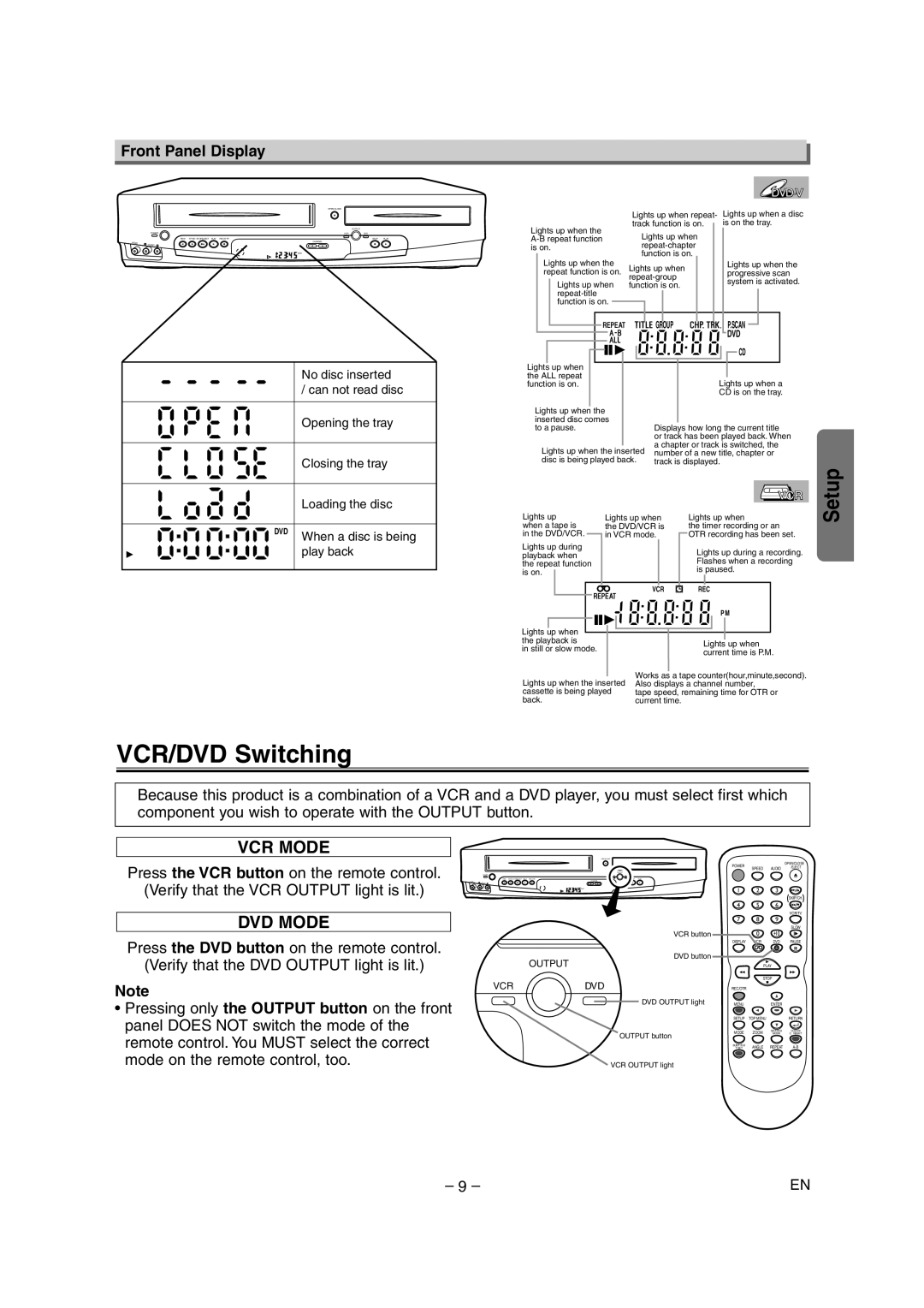 Sylvania DVC860E owner manual VCR/DVD Switching, Front Panel Display 