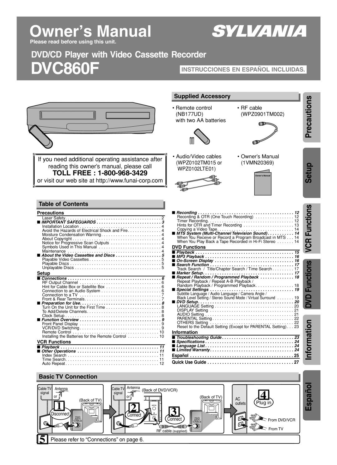 Sylvania DVC860F owner manual Supplied Accessory, Table of Contents, Basic TV Connection 