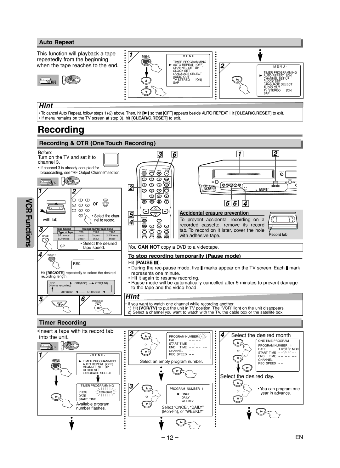 Sylvania DVC860F owner manual Auto Repeat, Recording & OTR One Touch Recording, Timer Recording 