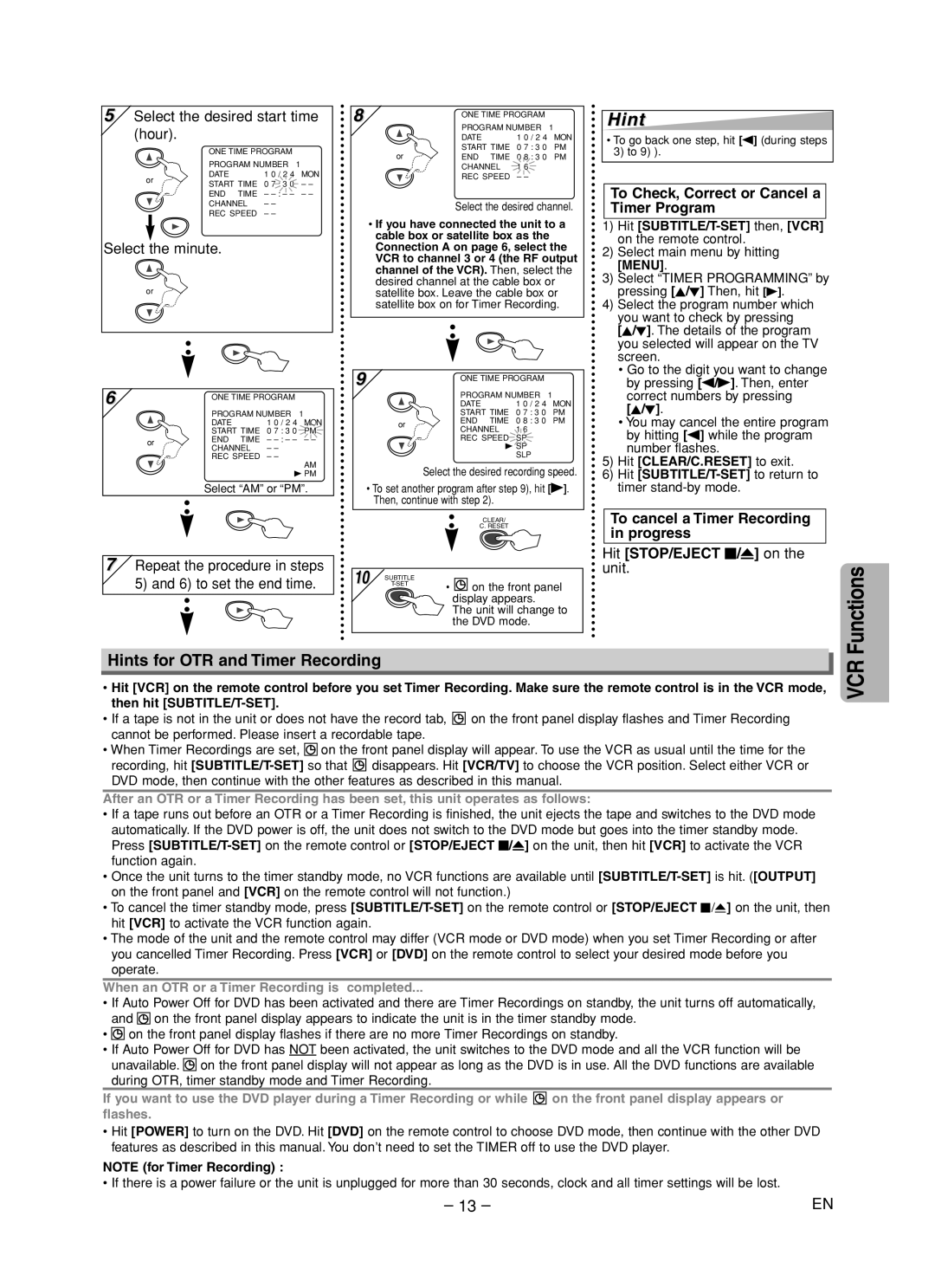 Sylvania DVC860F owner manual Hints for OTR and Timer Recording, Select the desired start time, Hour, Select the minute 