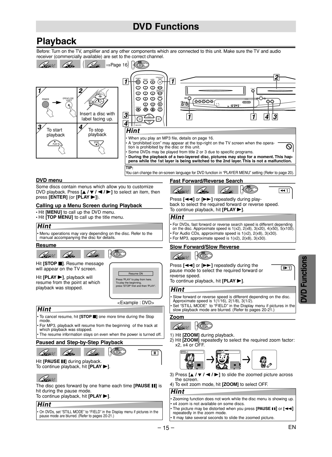 Sylvania DVC860F owner manual DVD Functions Playback 