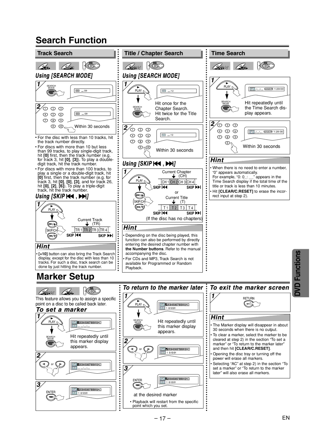 Sylvania DVC860F owner manual Search Function, Marker Setup 