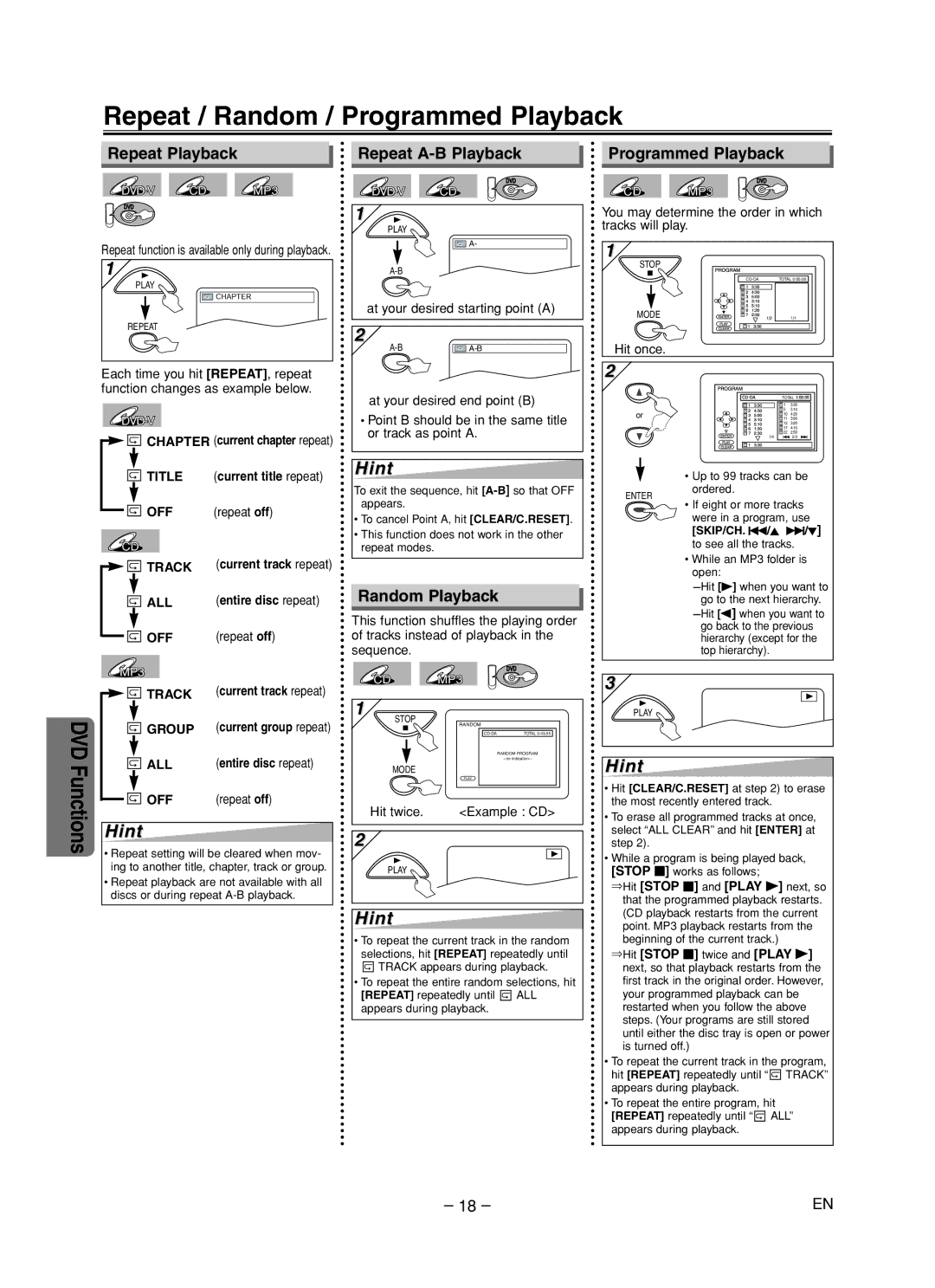 Sylvania DVC860F Repeat / Random / Programmed Playback, Repeat Playback Repeat A-B Playback, Random Playback, Repeat off 