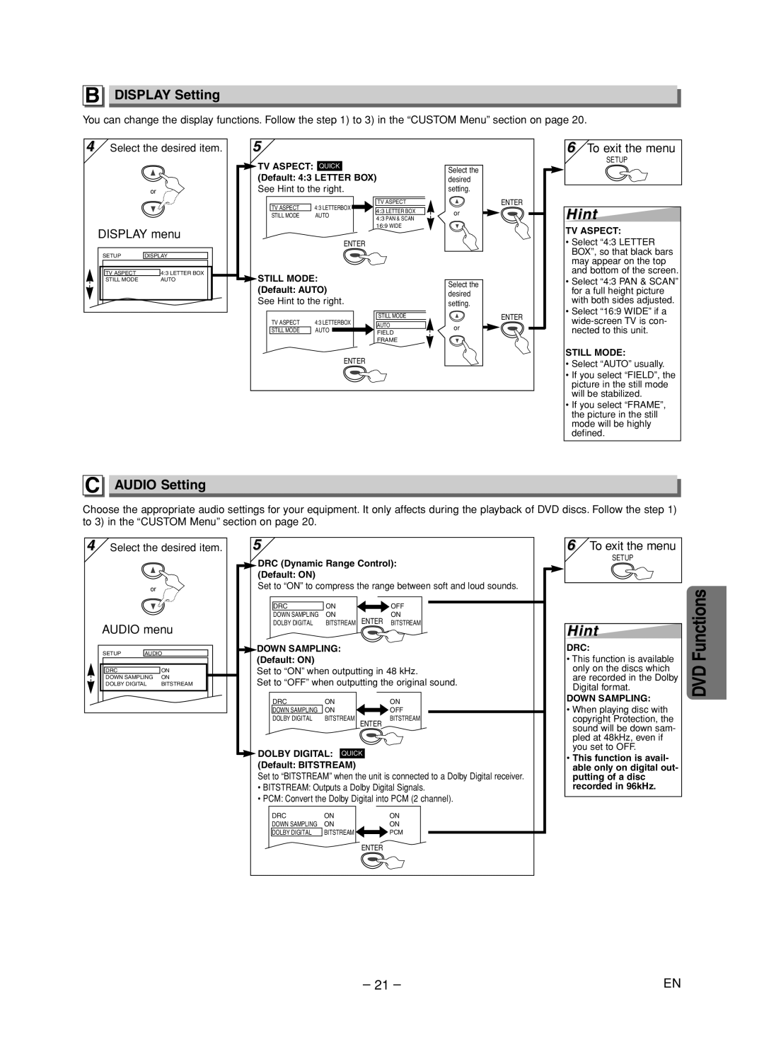 Sylvania DVC860F owner manual Display Setting, Audio Setting, Display menu 