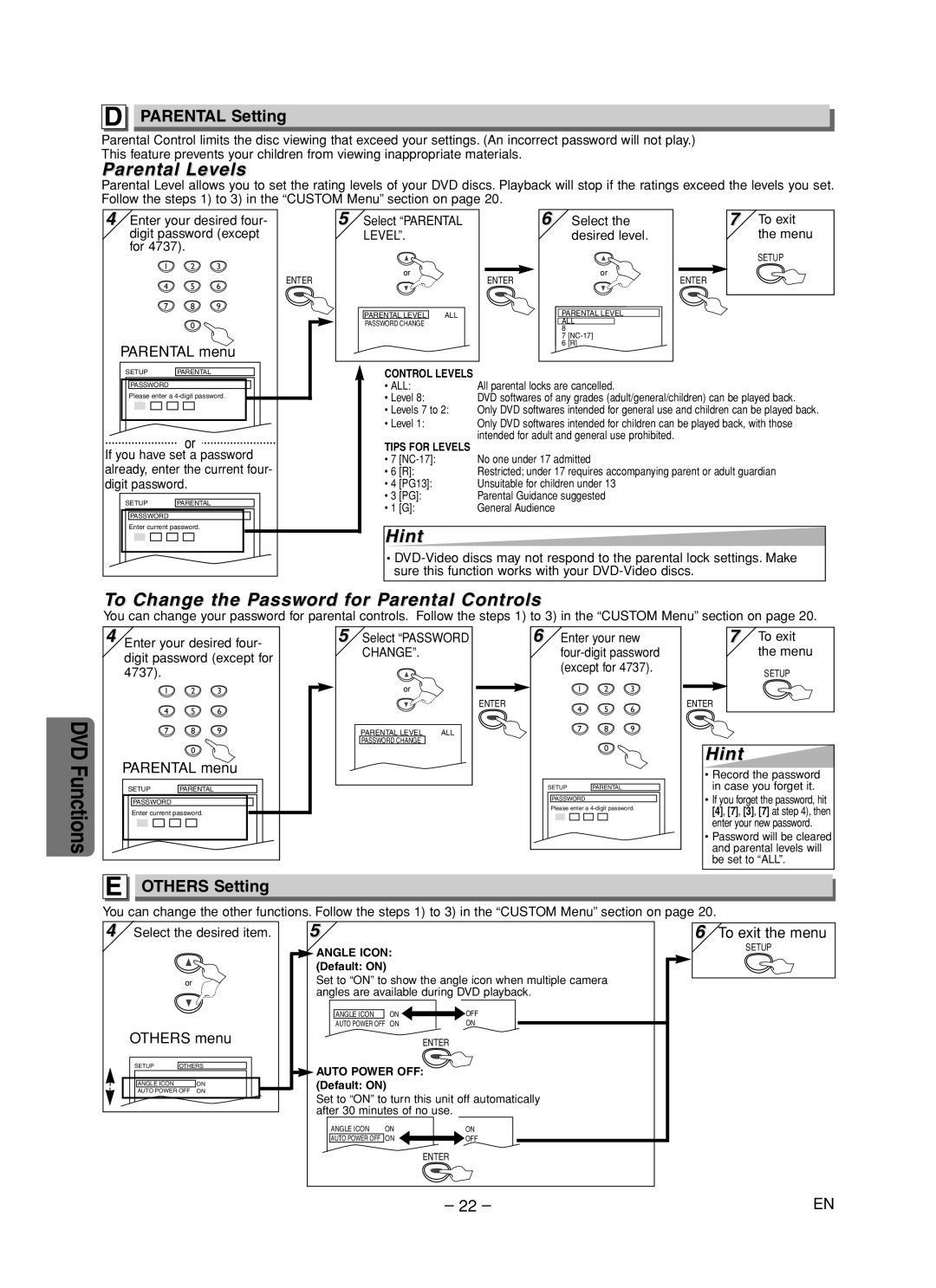 Sylvania DVC860F Parental Levels, To Change the Password for Parental Controls, Parental Setting, Others Setting 