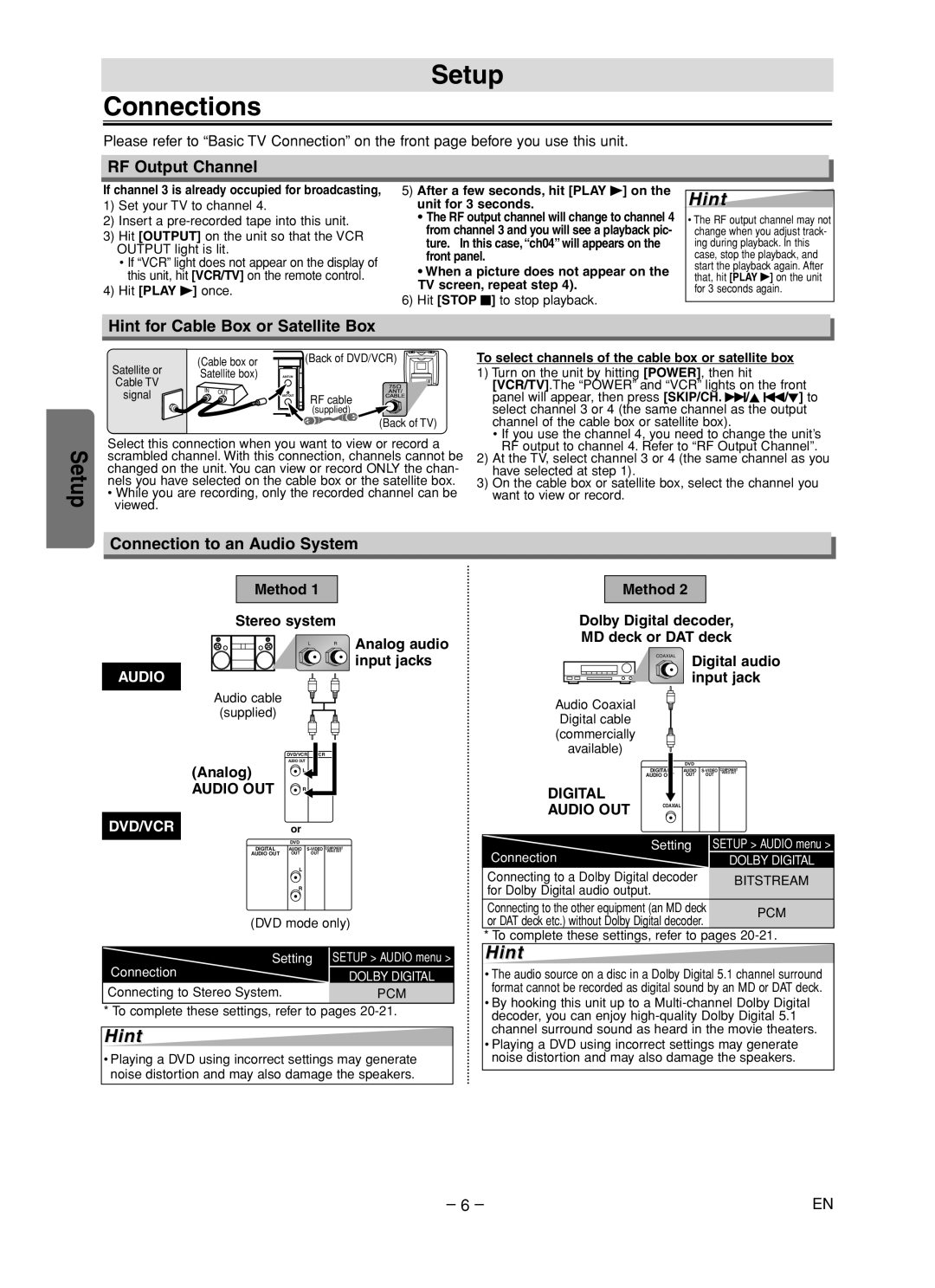 Sylvania DVC860F Setup Connections, RF Output Channel, Hint for Cable Box or Satellite Box, Connection to an Audio System 