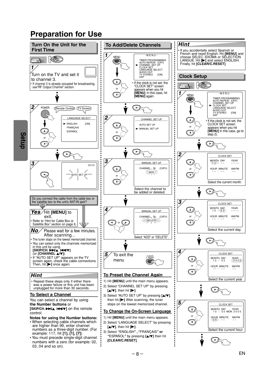 Sylvania DVC860F owner manual Preparation for Use, Turn On the Unit for the First Time To Add/Delete Channels, Clock Setup 