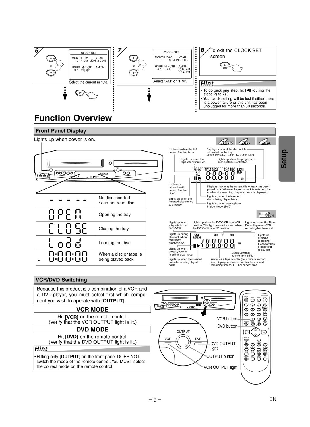 Sylvania DVC860F owner manual Function Overview, Front Panel Display, VCR/DVD Switching, Lights up when power is on 