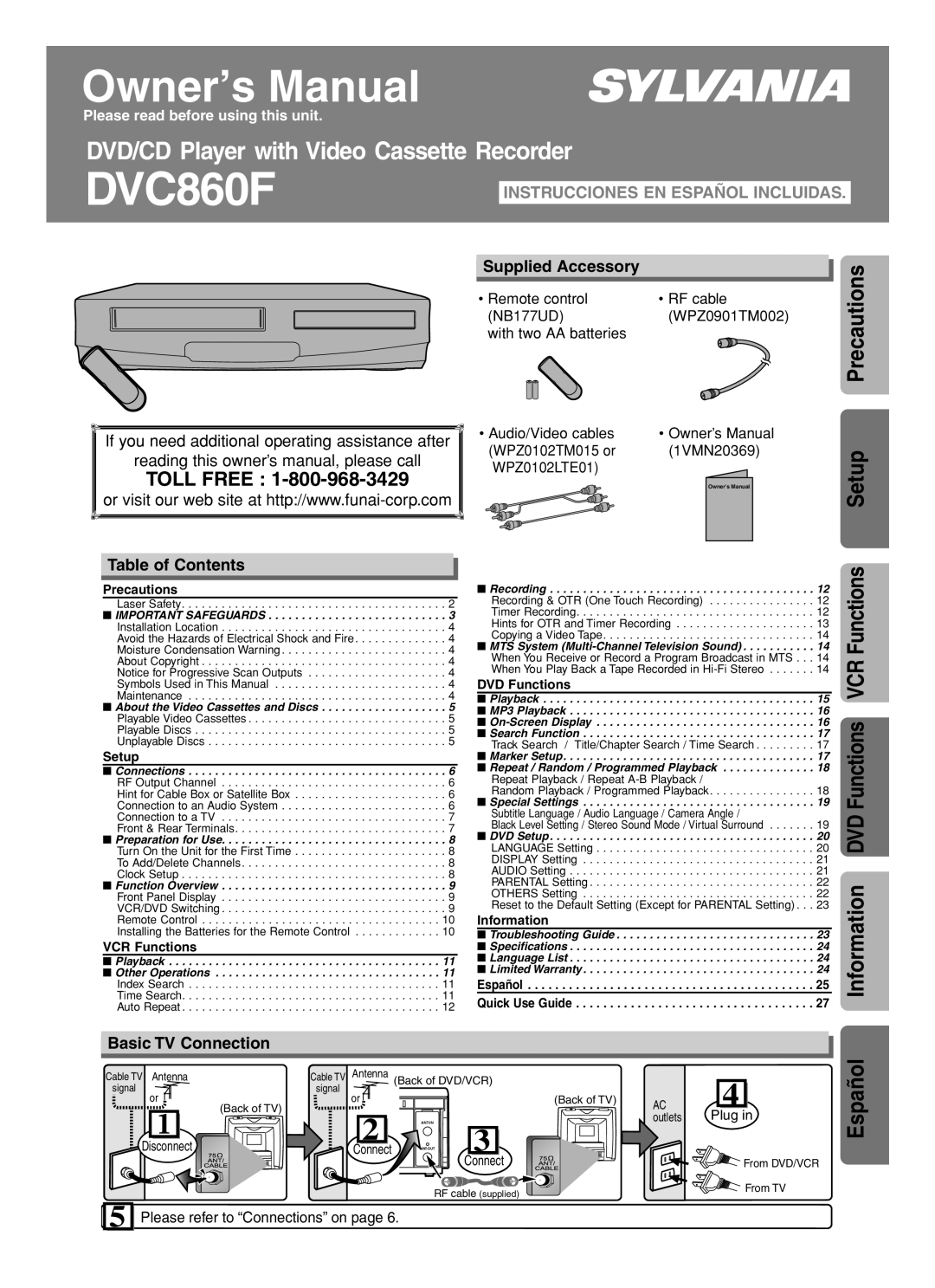 Sylvania DVC860F owner manual Precautions, Español, Toll Free, Information DVD Functions VCR Functions Setup, RF cable 