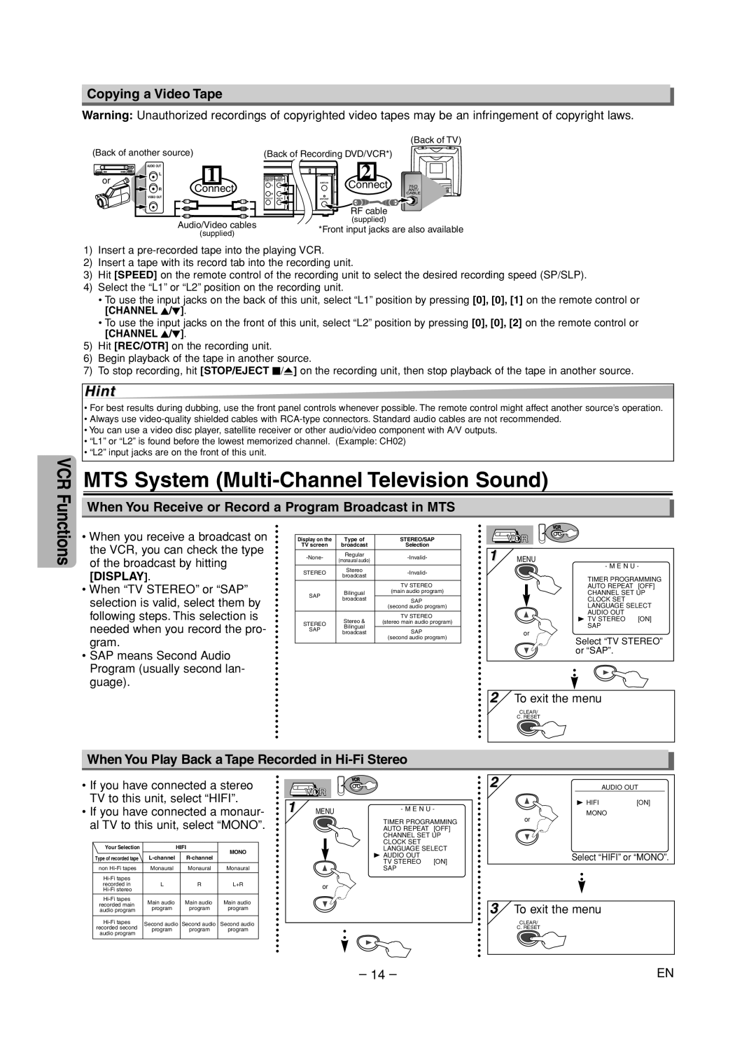 Sylvania DVC860F owner manual MTS System Multi-Channel Television Sound, Copying a Video Tape 