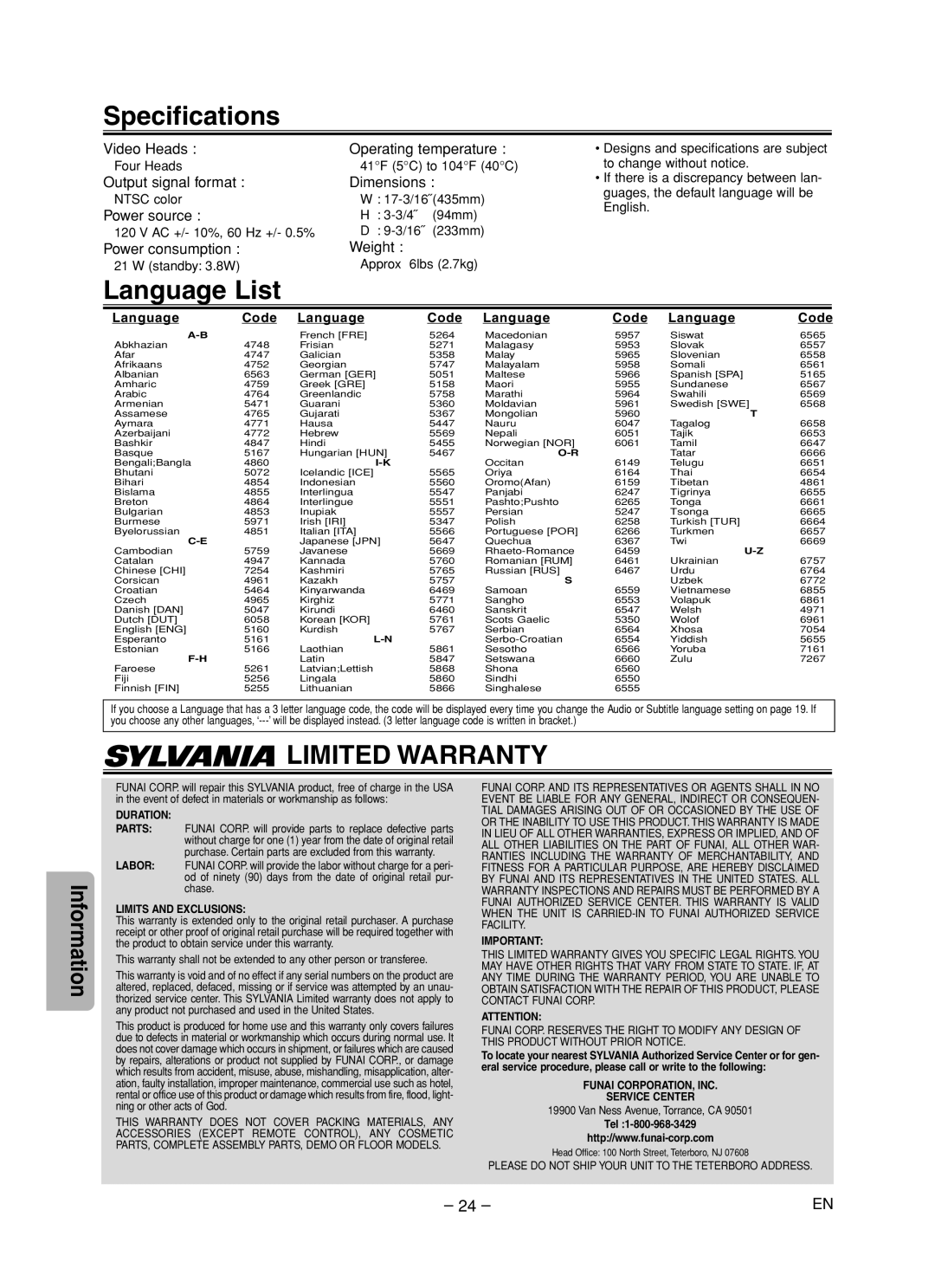 Sylvania DVC860F Specifications, Language List, Limited Warranty, Information, Video Heads, Operating temperature, Weight 
