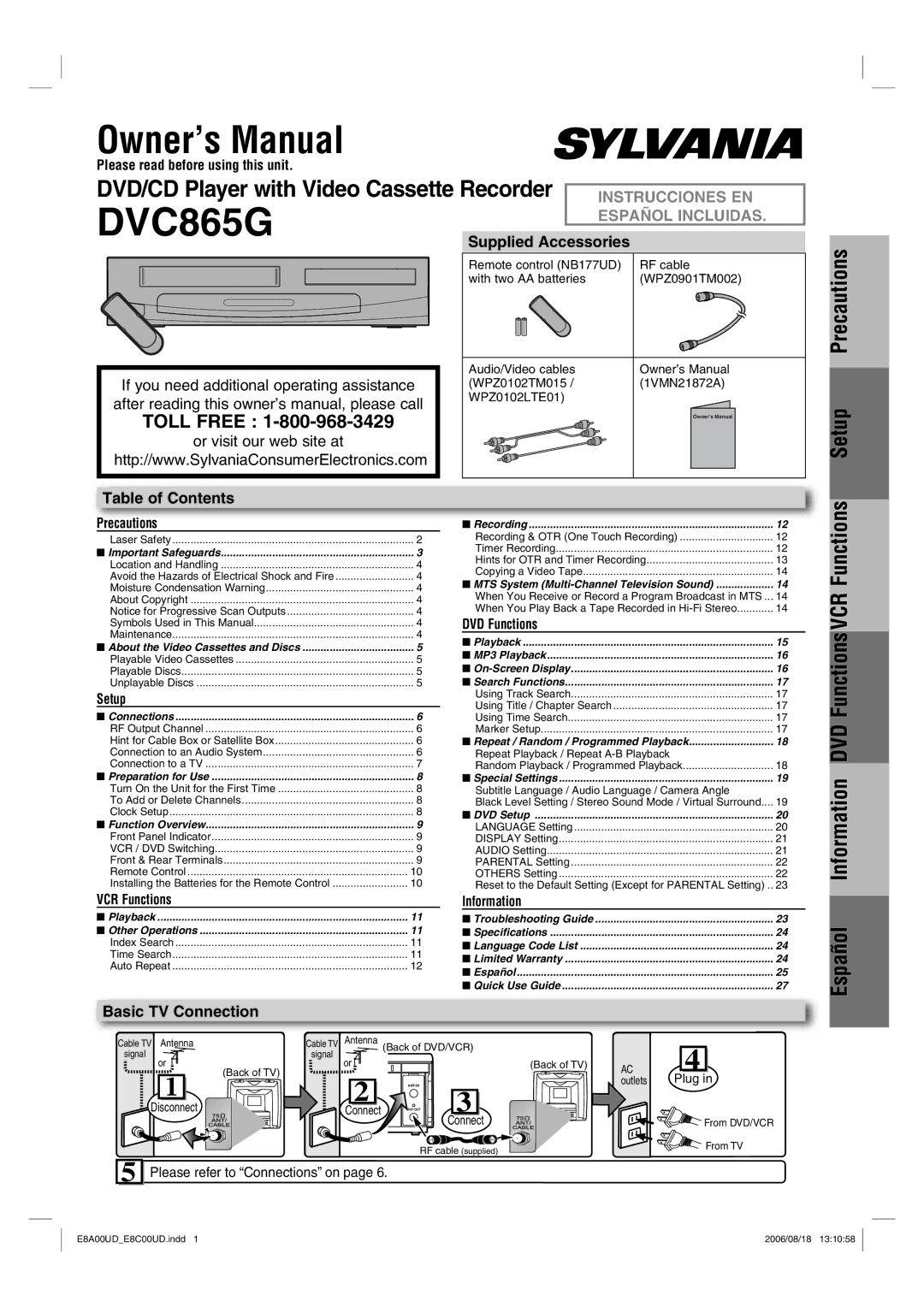 Sylvania DVC865G owner manual Setup Precautions, Español, Supplied Accessories, Table of Contents, Basic TV Connection 