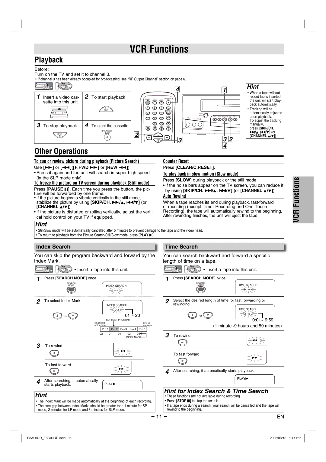 Sylvania DVC865G owner manual VCR Functions, Playback, Other Operations, Hint for Index Search & Time Search 