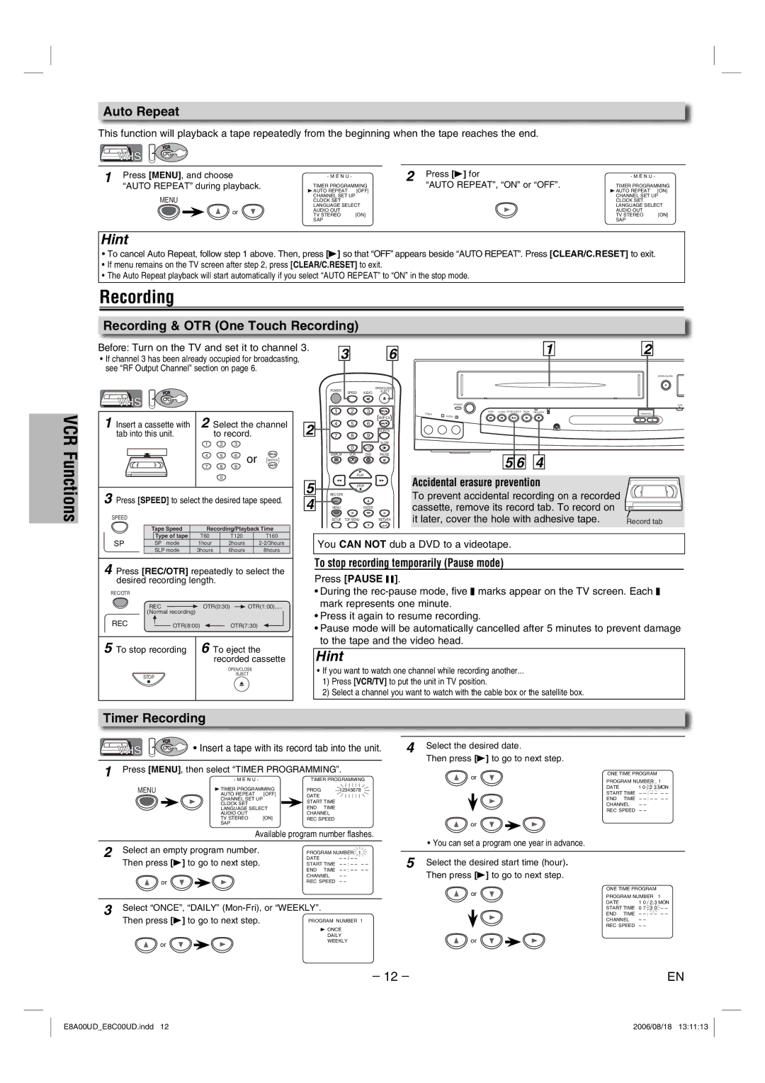 Sylvania DVC865G owner manual Auto Repeat, Recording & OTR One Touch Recording, Timer Recording 