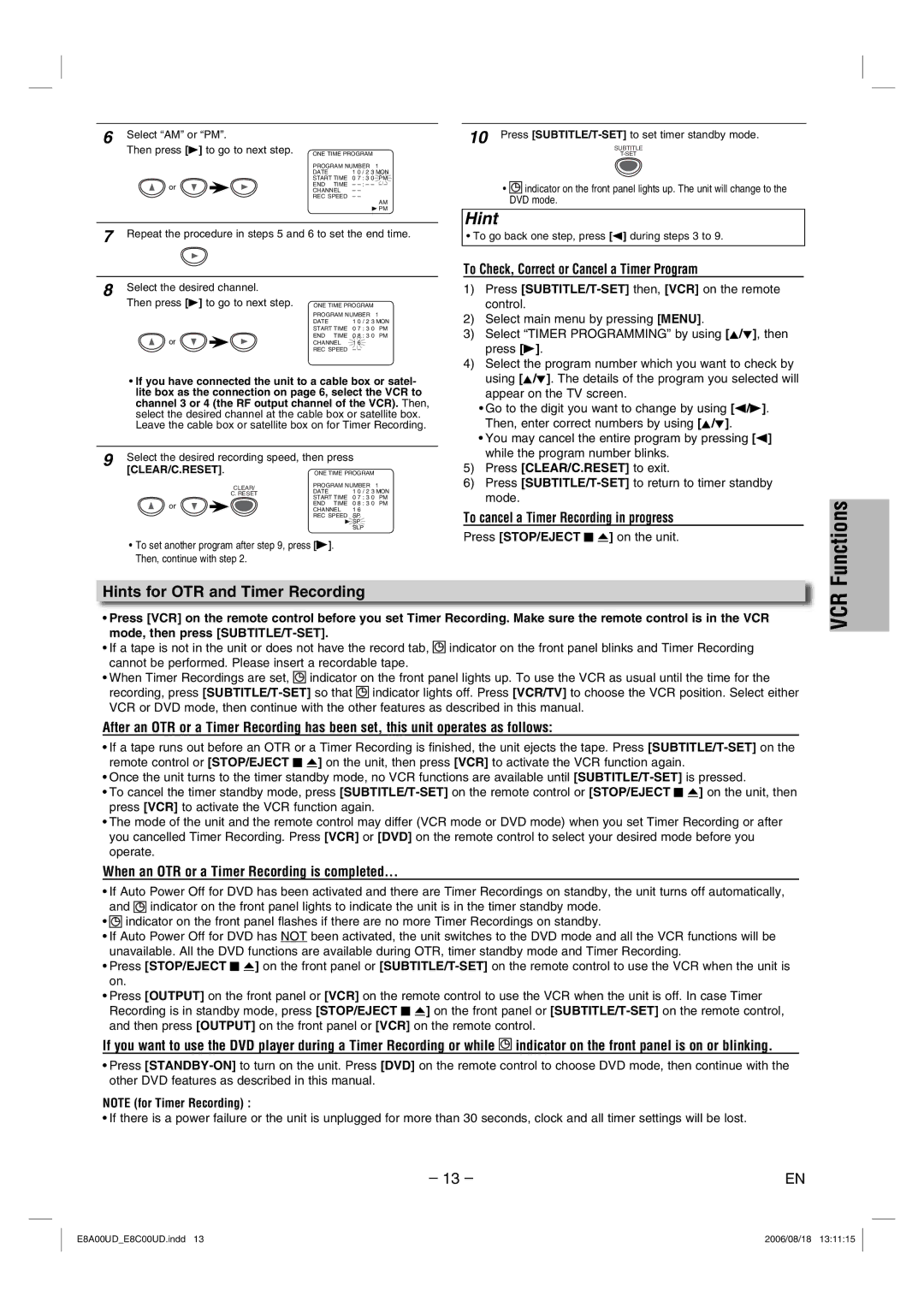 Sylvania DVC865G owner manual Functions, Hints for OTR and Timer Recording, To Check, Correct or Cancel a Timer Program 