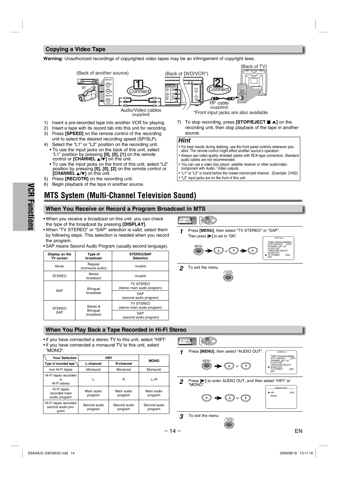 Sylvania DVC865G owner manual MTS System Multi-Channel Television Sound, Copying a Video Tape 