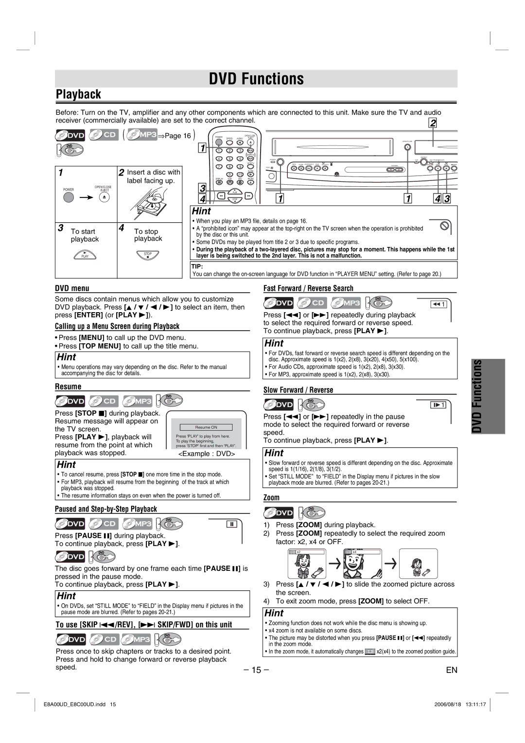 Sylvania DVC865G owner manual DVD Functions 