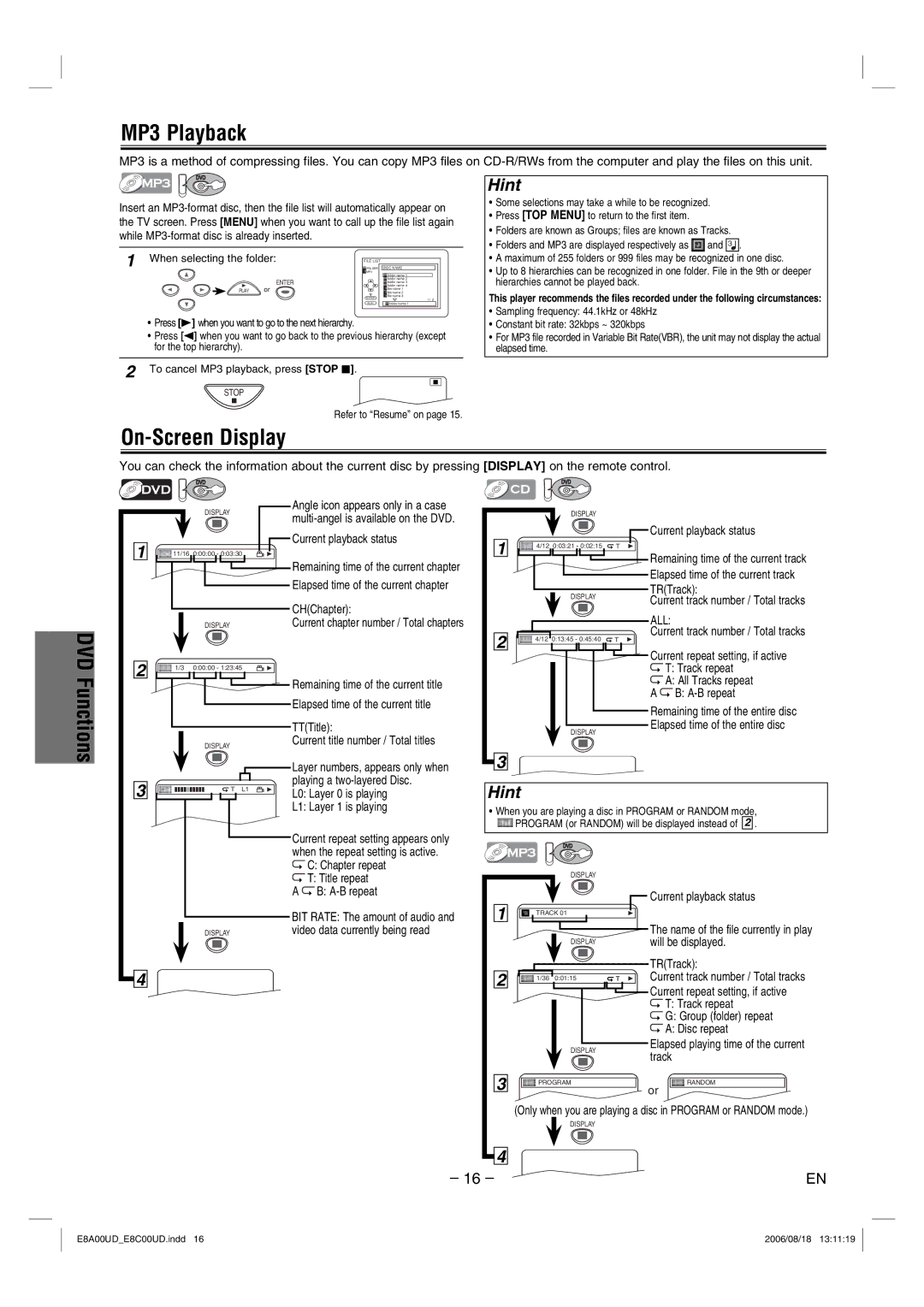 Sylvania DVC865G owner manual MP3 Playback, On-Screen Display 