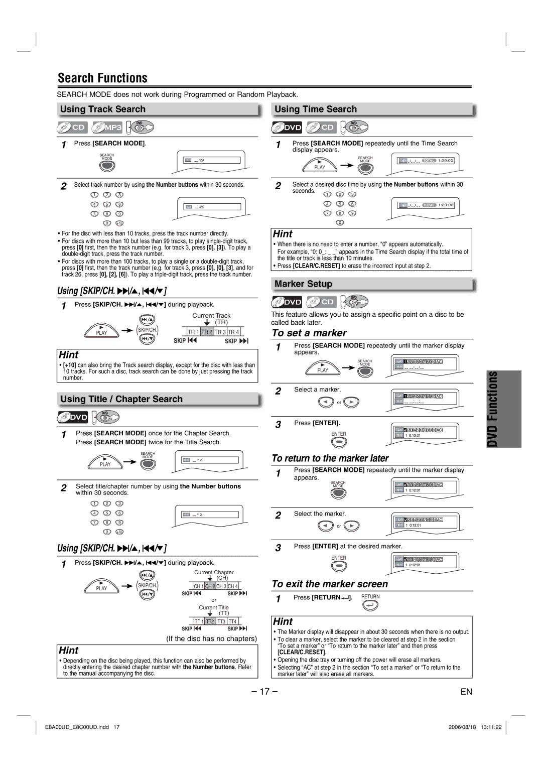 Sylvania DVC865G owner manual Search Functions, Using SKIP/CH. G/o, H/p, To set a marker, To return to the marker later 