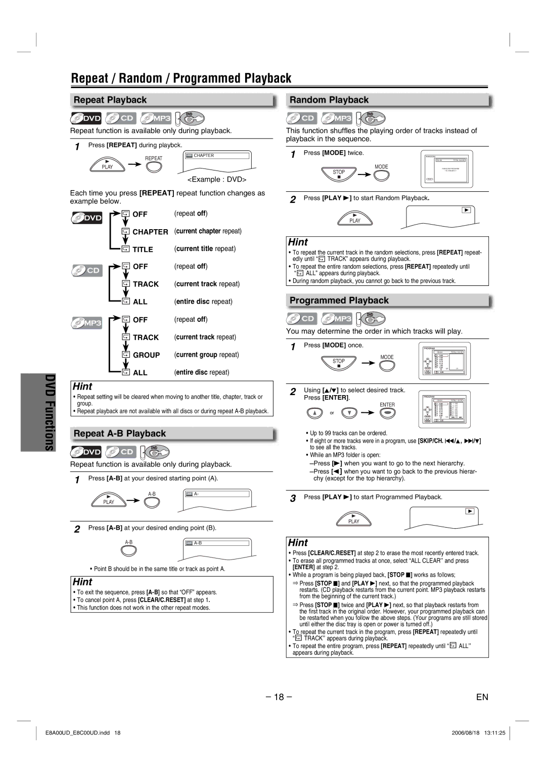 Sylvania DVC865G owner manual Repeat / Random / Programmed Playback, Repeat Playback, Random Playback, Repeat A-B Playback 