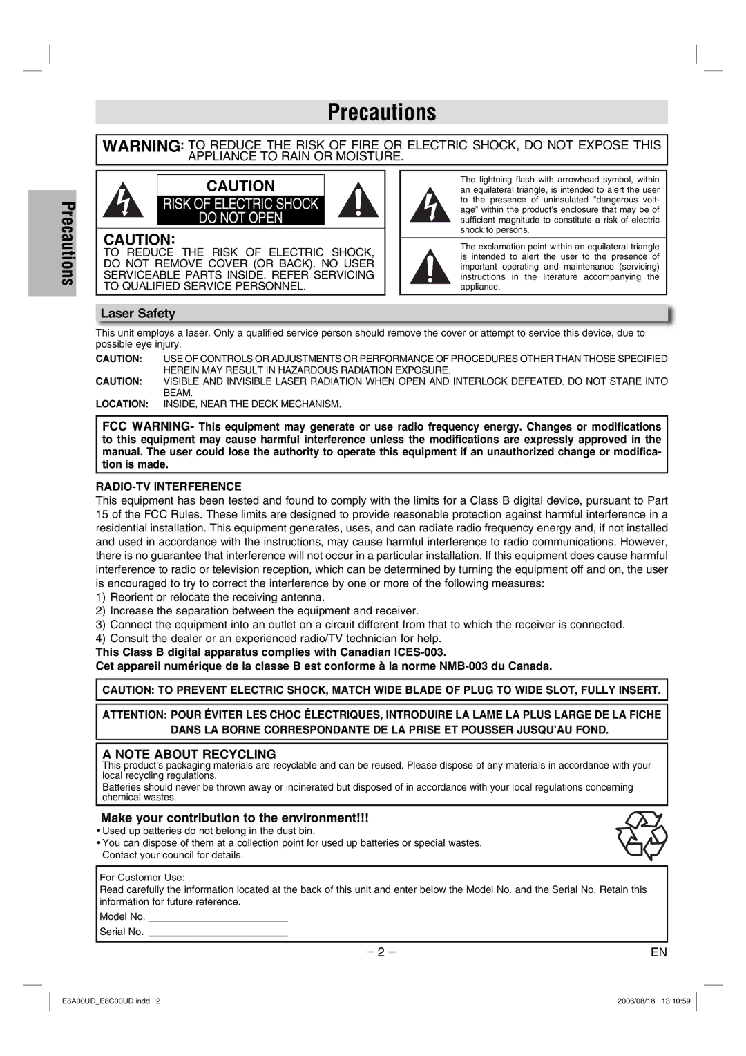 Sylvania DVC865G owner manual Precautions, Laser Safety, Make your contribution to the environment 