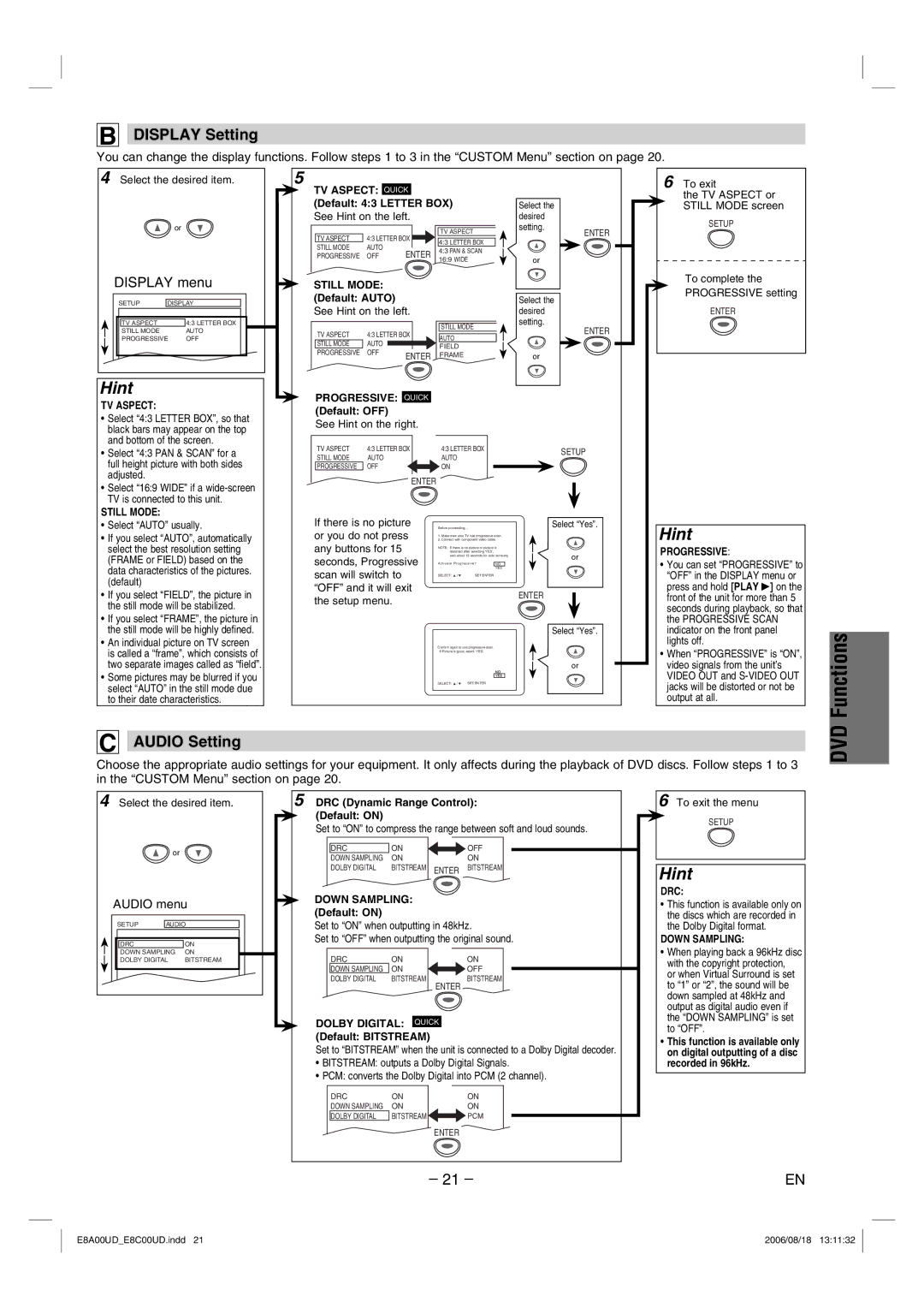 Sylvania DVC865G owner manual Display Setting, Audio Setting, Audio menu 