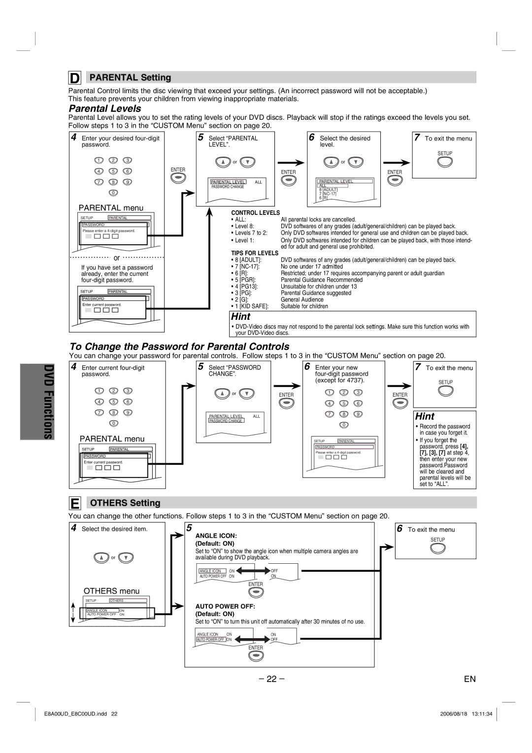 Sylvania DVC865G Parental Levels, To Change the Password for Parental Controls, Parental Setting, Others Setting 