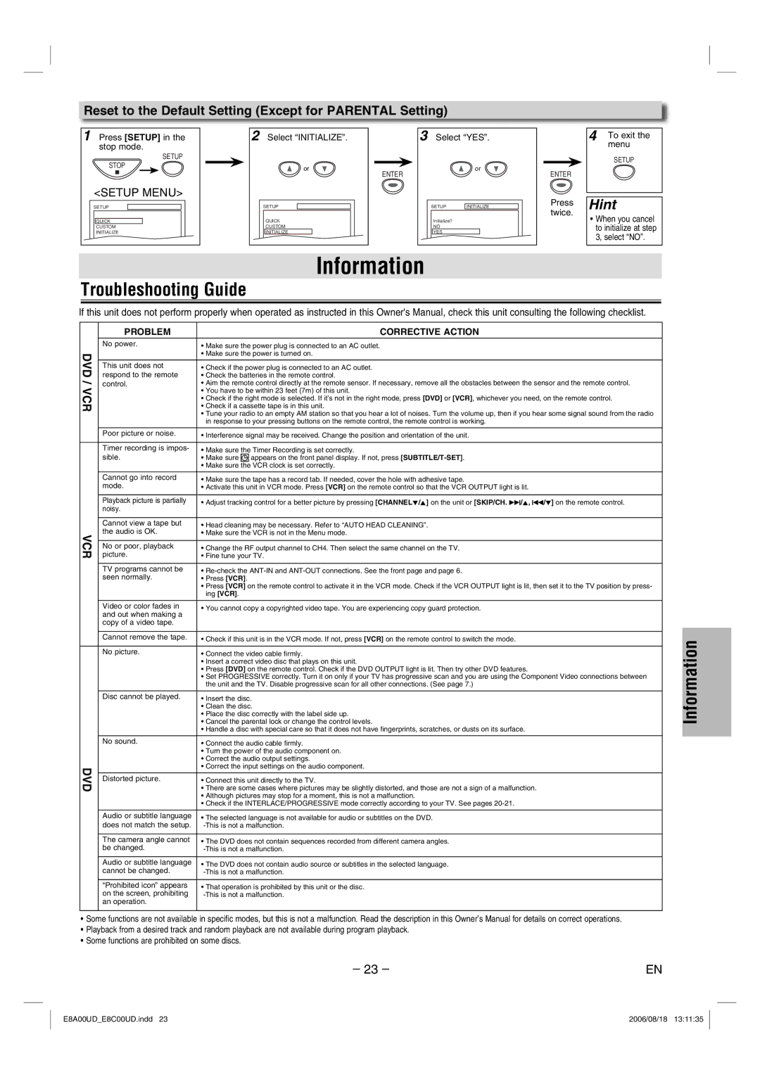 Sylvania DVC865G owner manual Information, Troubleshooting Guide, Reset to the Default Setting Except for Parental Setting 