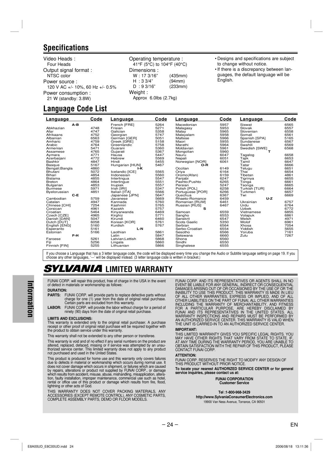 Sylvania DVC865G owner manual Specifications, Language Code 