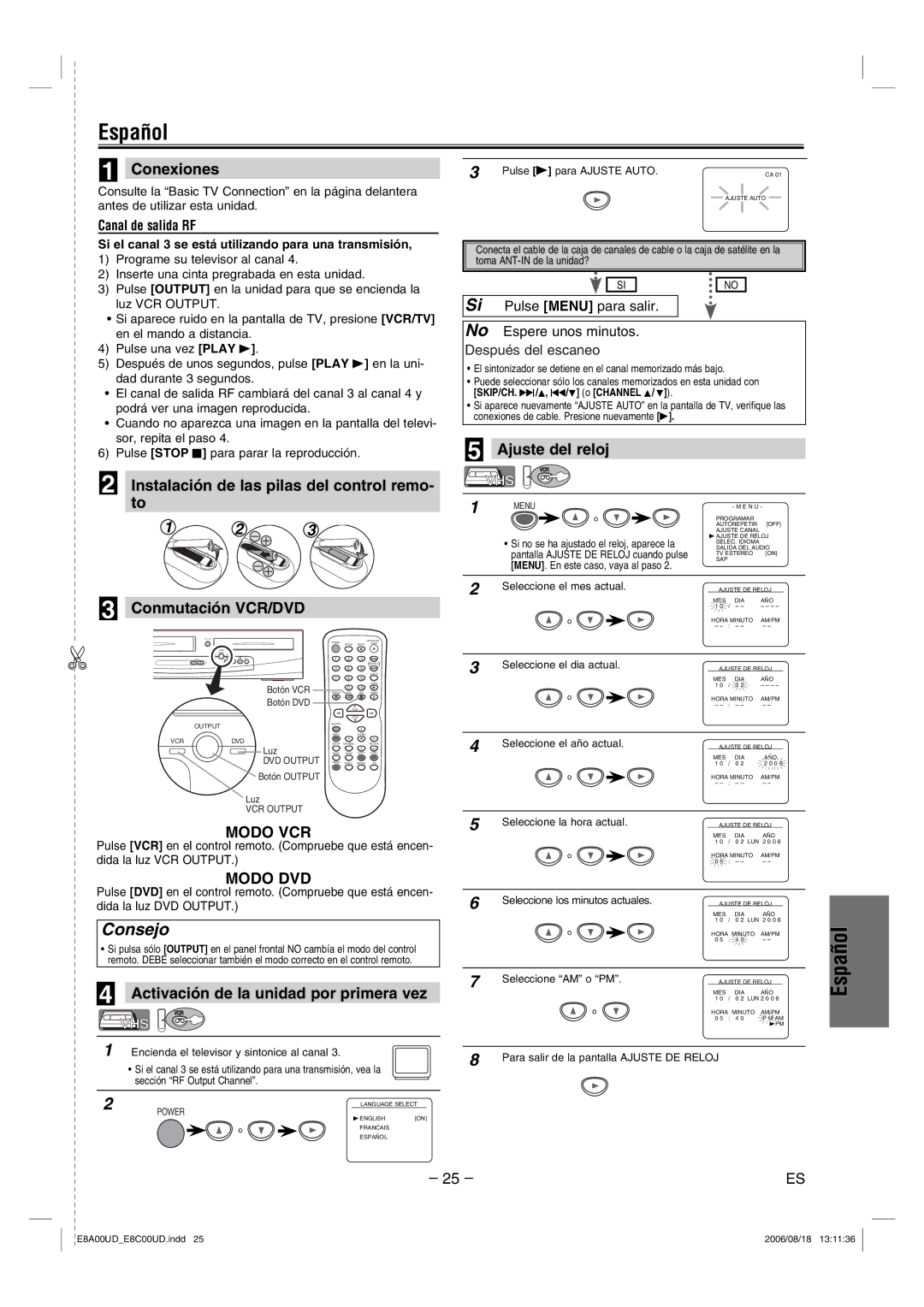 Sylvania DVC865G Consejo, Conexiones, Activación de la unidad por primera vez, Ajuste del reloj, Canal de salida RF 