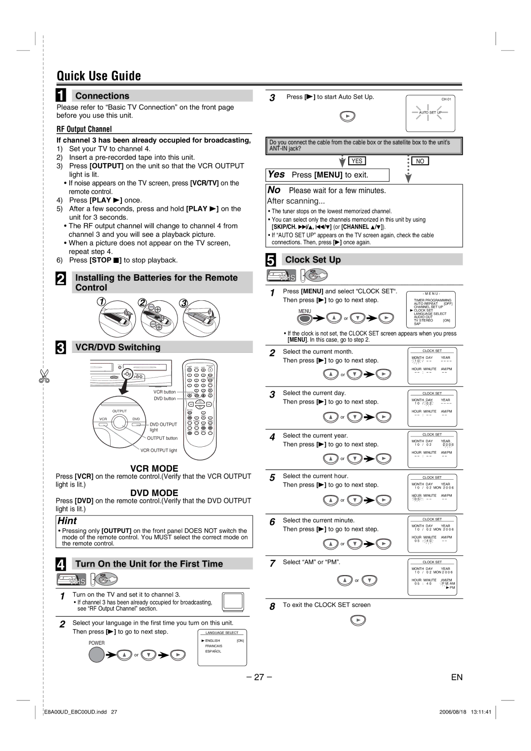 Sylvania DVC865G owner manual Quick Use Guide, Connections, Clock Set Up, RF Output Channel 