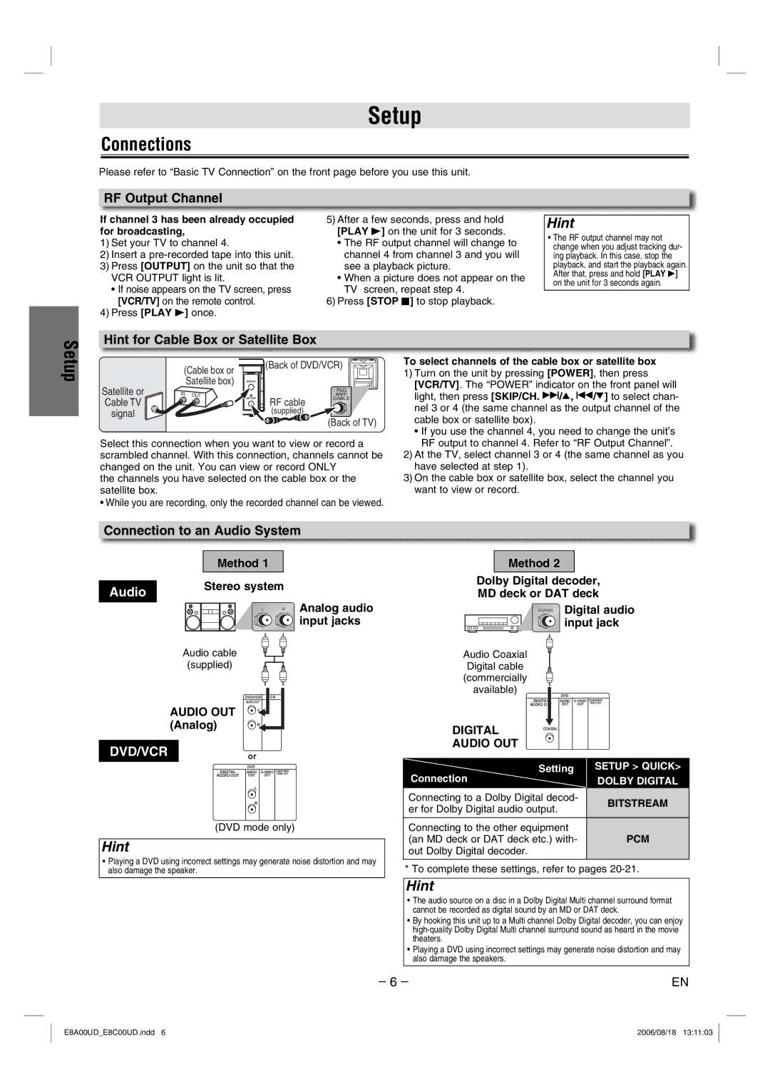 Sylvania DVC865G owner manual Setup, Connections 