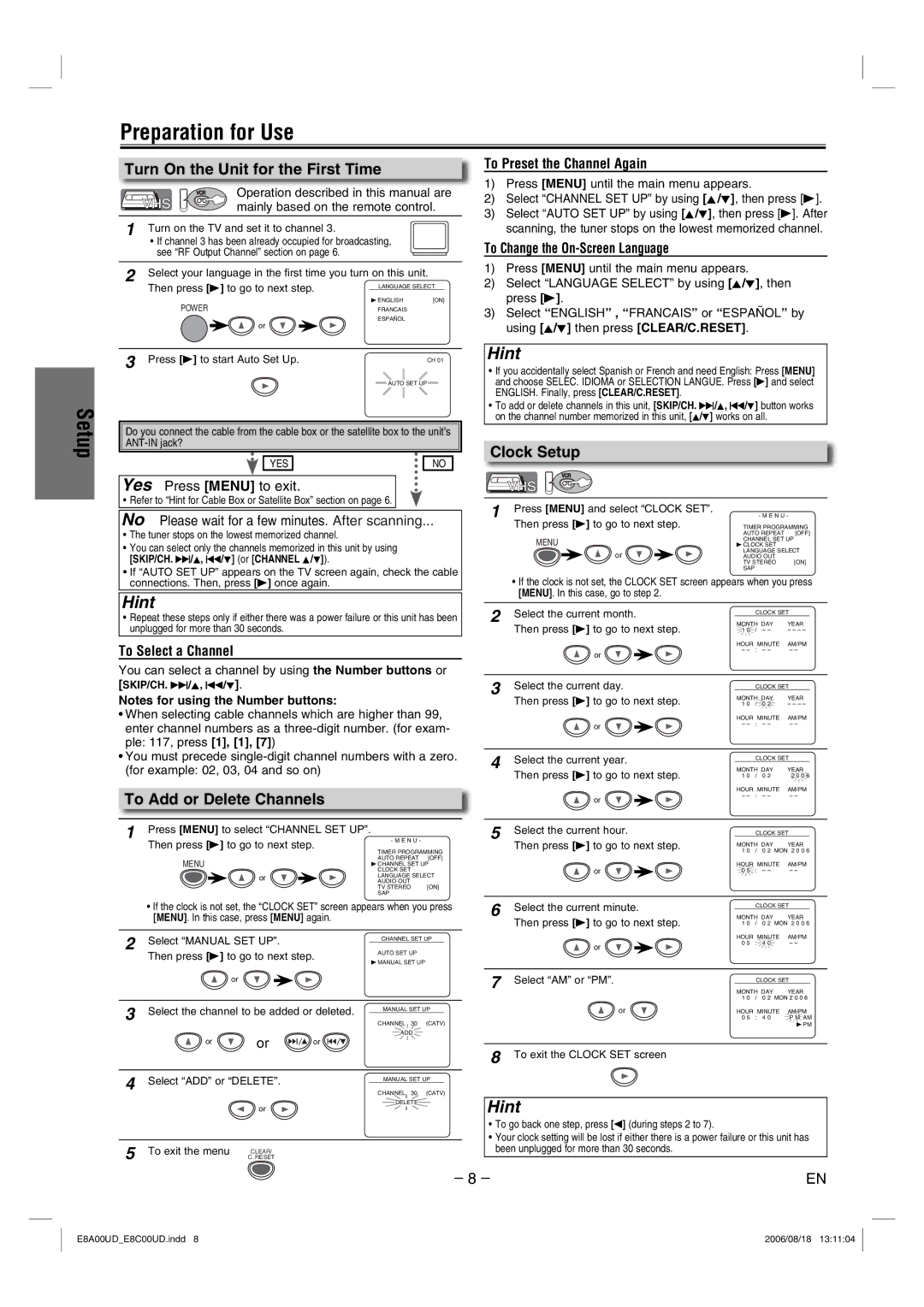 Sylvania DVC865G Preparation for Use Setup, Turn On the Unit for the First Time, To Add or Delete Channels, Clock Setup 