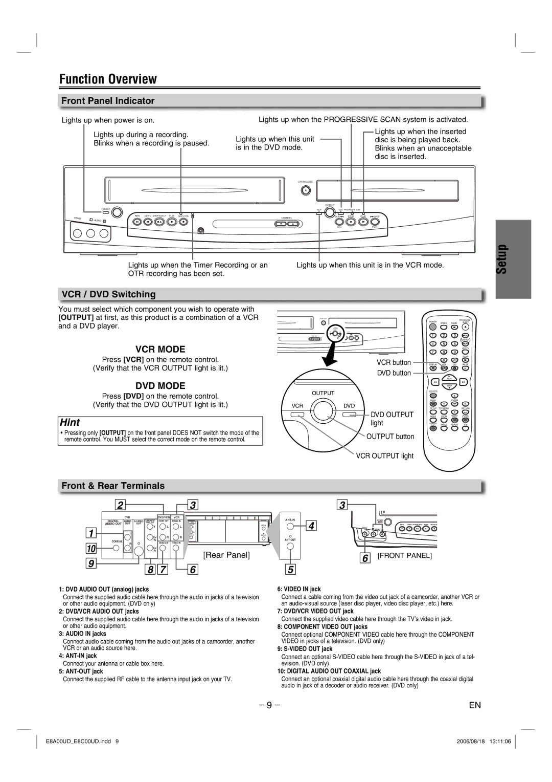 Sylvania DVC865G owner manual Function Overview, Front Panel Indicator, VCR / DVD Switching, VCR button DVD button 