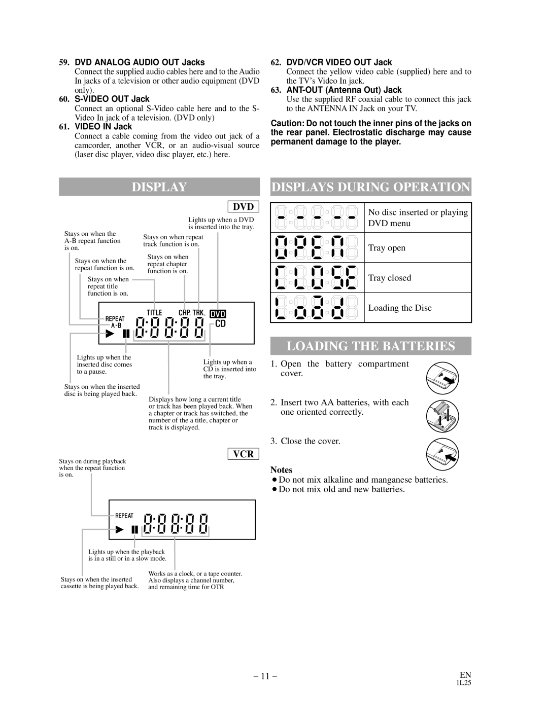 Sylvania DVC880D owner manual Displays During Operation, Loading the Batteries 