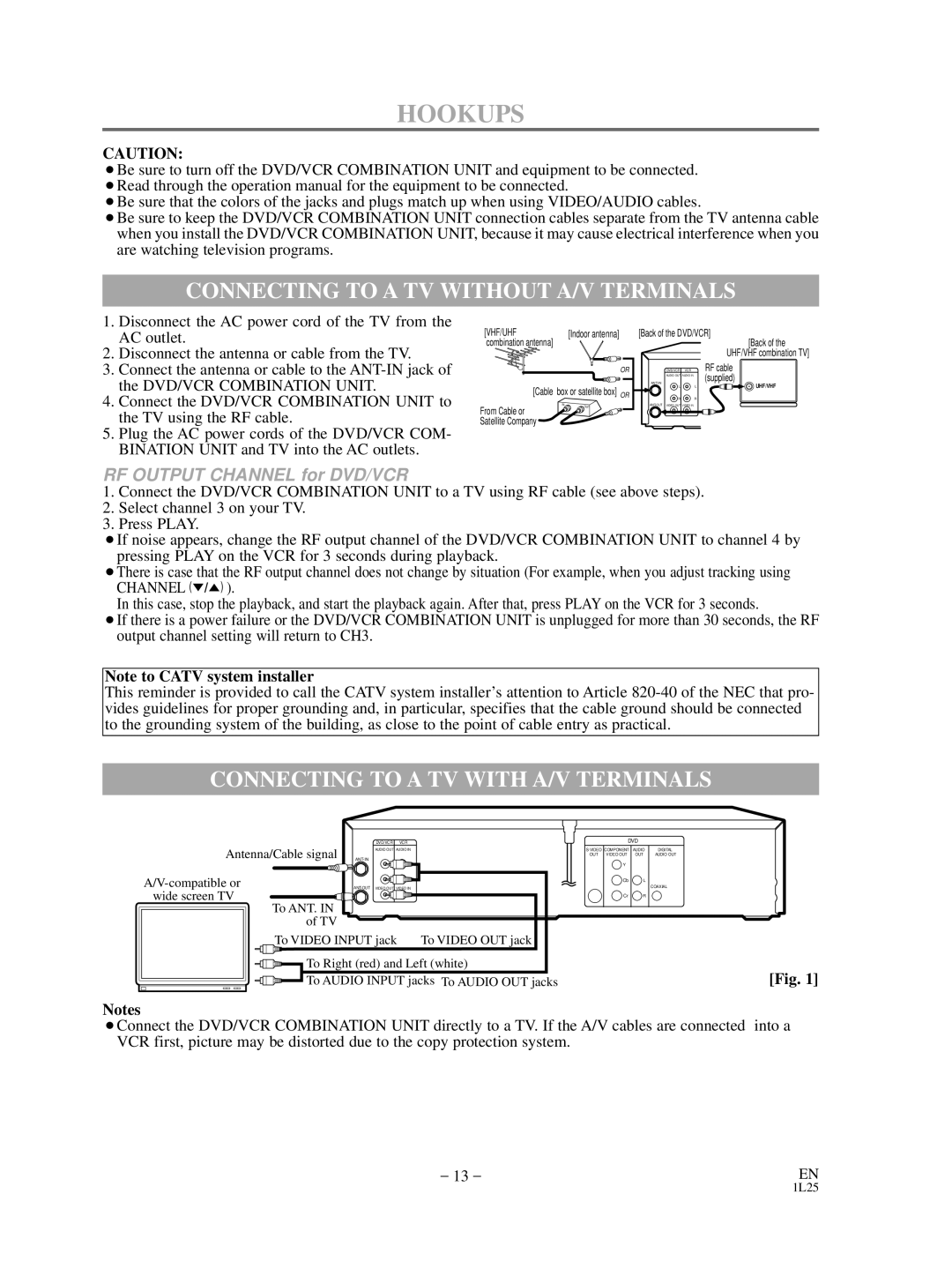 Sylvania DVC880D owner manual Hookups, Connecting to a TV Without A/V Terminals, Connecting to a TV with A/V Terminals 