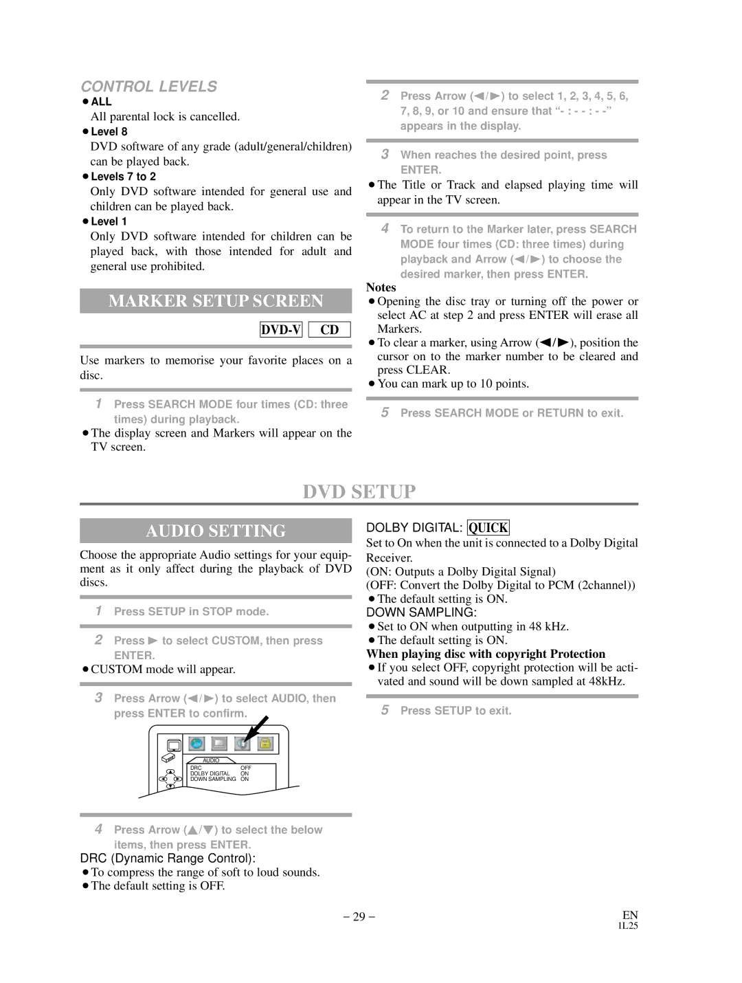 Sylvania DVC880D owner manual DVD Setup, Marker Setup Screen, Audio Setting 