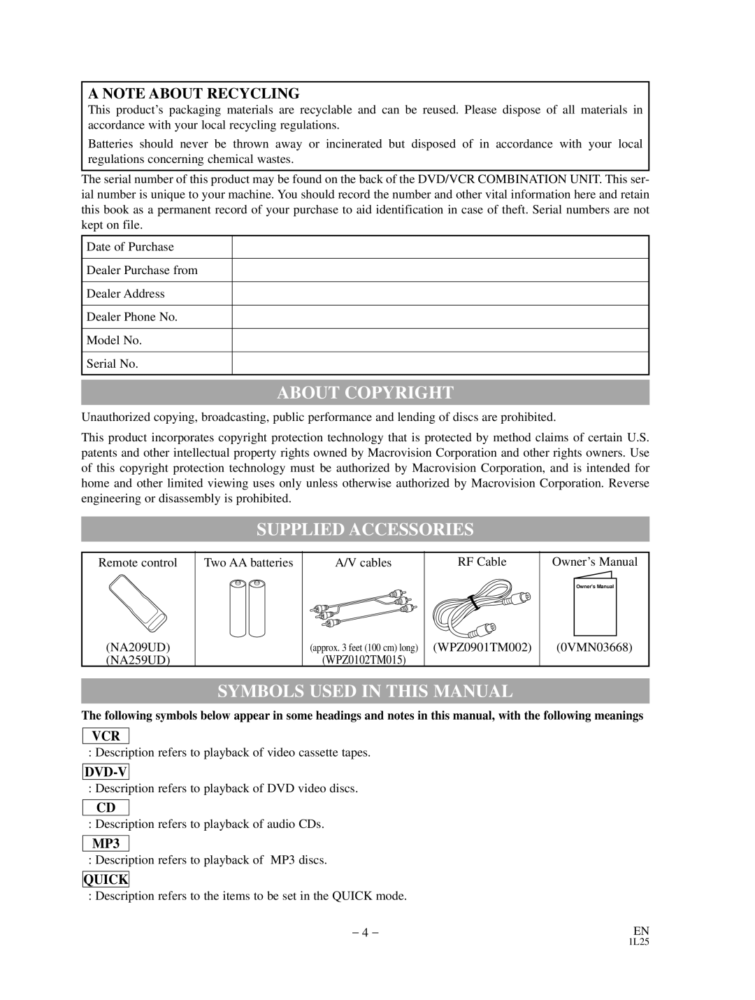 Sylvania DVC880D owner manual About Copyright, Supplied Accessories, Symbols Used in this Manual 