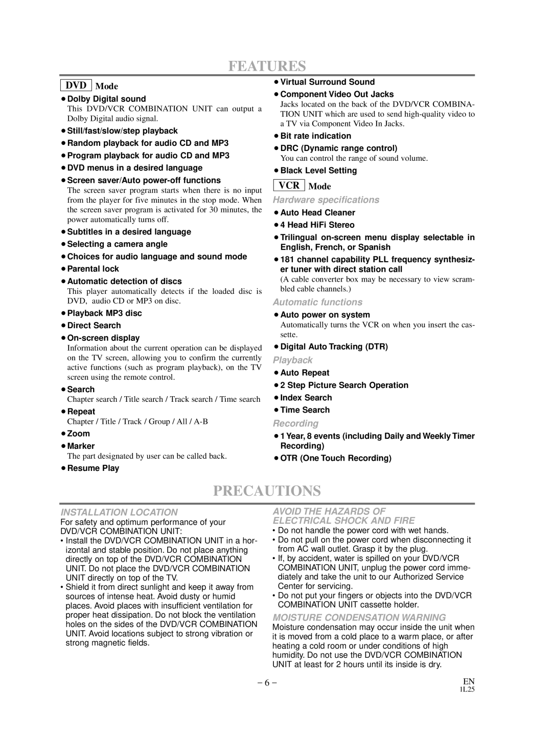 Sylvania DVC880D owner manual Features, Precautions 